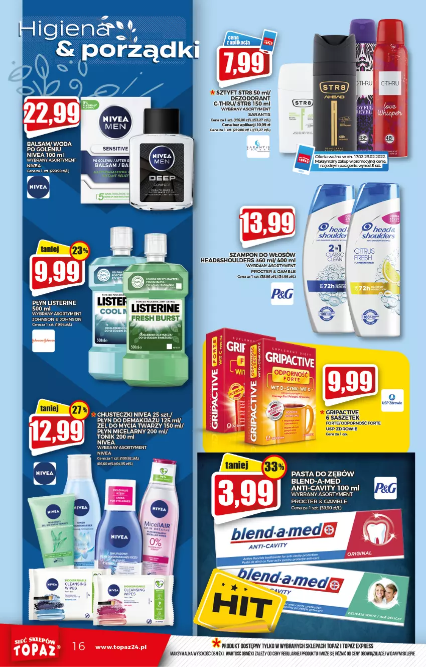 Gazetka promocyjna Topaz - Gazetka - ważna 17.02 do 23.02.2022 - strona 16 - produkty: Blend-a-Med, C-Thru, Chusteczki, Dezodorant, Listerine, Nivea, Pasta do zębów, Płyn micelarny, Sok, Str8, Szampon, Tonik, Top, Zdrowie