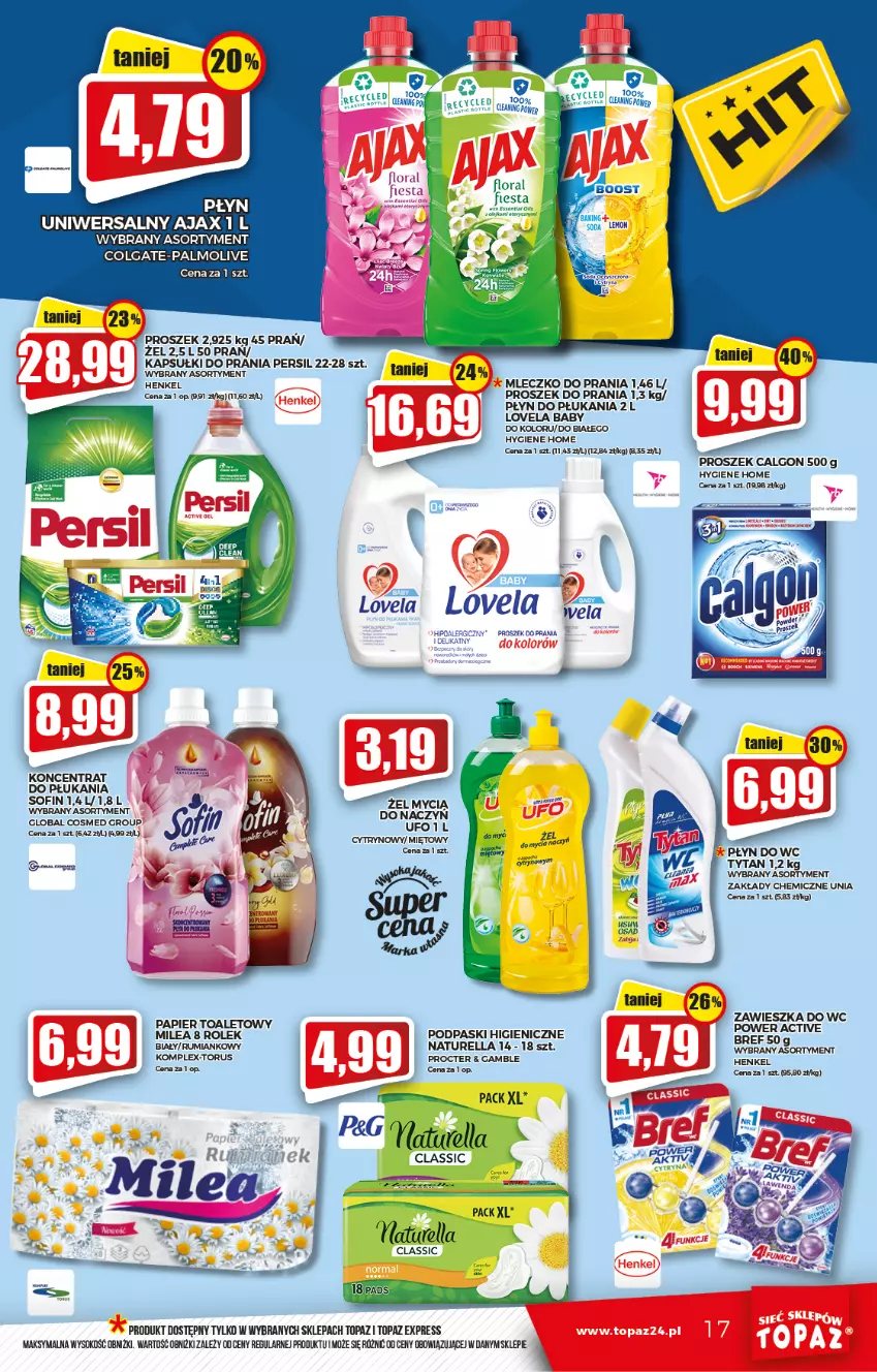 Gazetka promocyjna Topaz - Gazetka - ważna 17.02 do 23.02.2022 - strona 17 - produkty: Ajax, Bref, Calgon, Colgate, Kapsułki do prania, LG, Lovela, Mleczko, Mleczko do prania, Naturell, Naturella, Palmolive, Papier, Papier toaletowy, Persil, Płyn do płukania, Płyn do wc, Podpaski, Proszek do prania, Rum, Sok, Top, Tytan, Zawieszka do wc