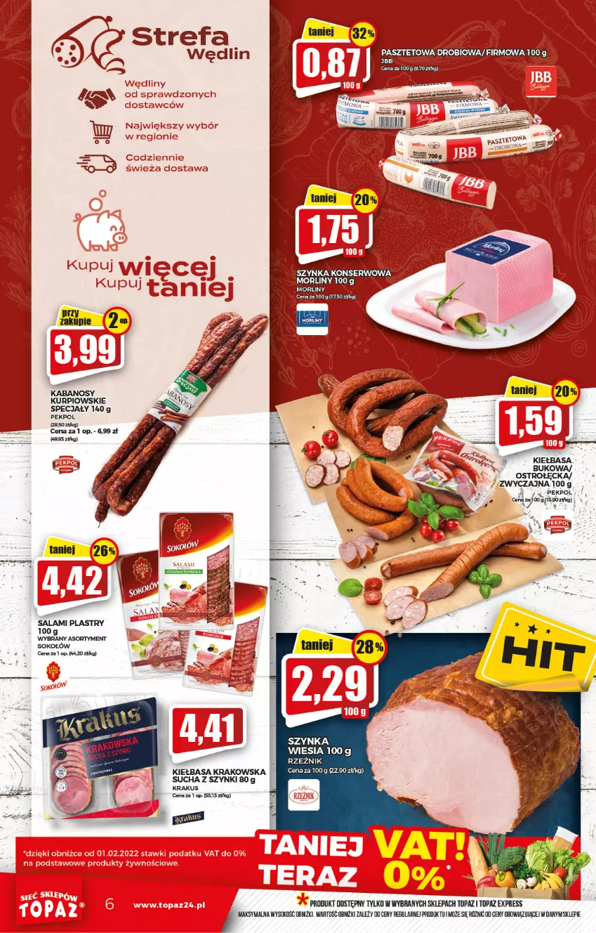 Gazetka promocyjna Topaz - Gazetka - ważna 17.02 do 23.02.2022 - strona 6 - produkty: Fa, Kiełbasa, Kiełbasa krakowska, Krakus, Morliny, Pasztet, Salami, Ser, Sok, Szynka, Szynka konserwowa, Top