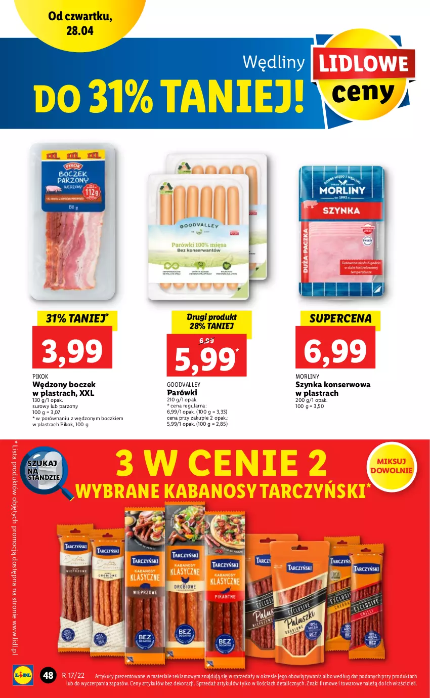 Gazetka promocyjna Lidl - Majówka - ważna 28.04 do 30.04.2022 - strona 48 - produkty: Boczek, Kabanos, Morliny, Parówki, PIKOK, Por, Ser, Szynka, Szynka konserwowa, Tarczyński