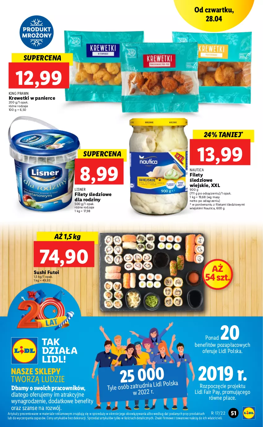 Gazetka promocyjna Lidl - Majówka - ważna 28.04 do 30.04.2022 - strona 51 - produkty: Fa, Krewetki, Lazur, Lisner, Por, Sushi