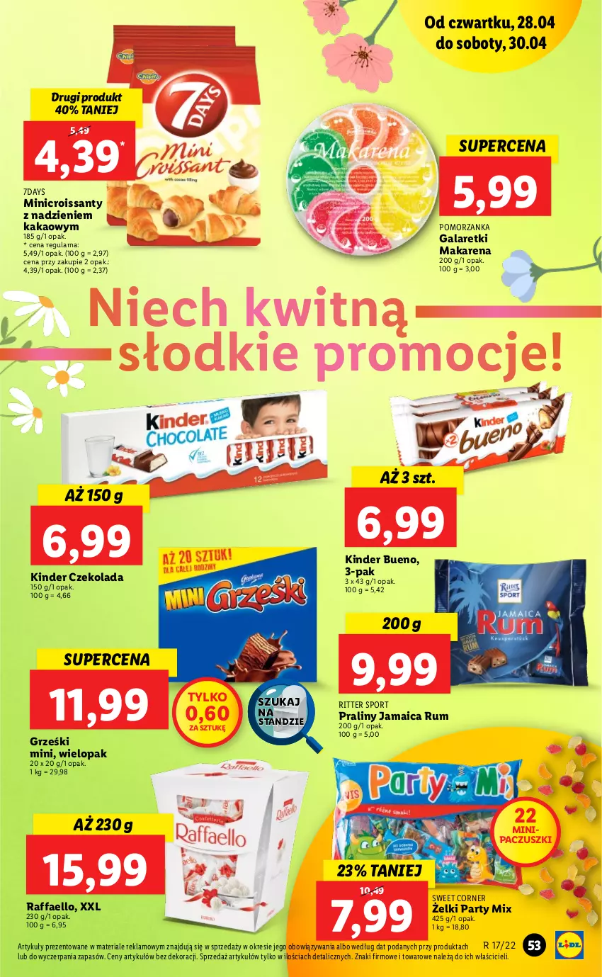 Gazetka promocyjna Lidl - Majówka - ważna 28.04 do 30.04.2022 - strona 53 - produkty: Croissant, Czekolada, Fa, Gala, Galaretki, Grześki, Kakao, Kinder, Por, Praliny, Raffaello, Ritter Sport, Rum, Sport