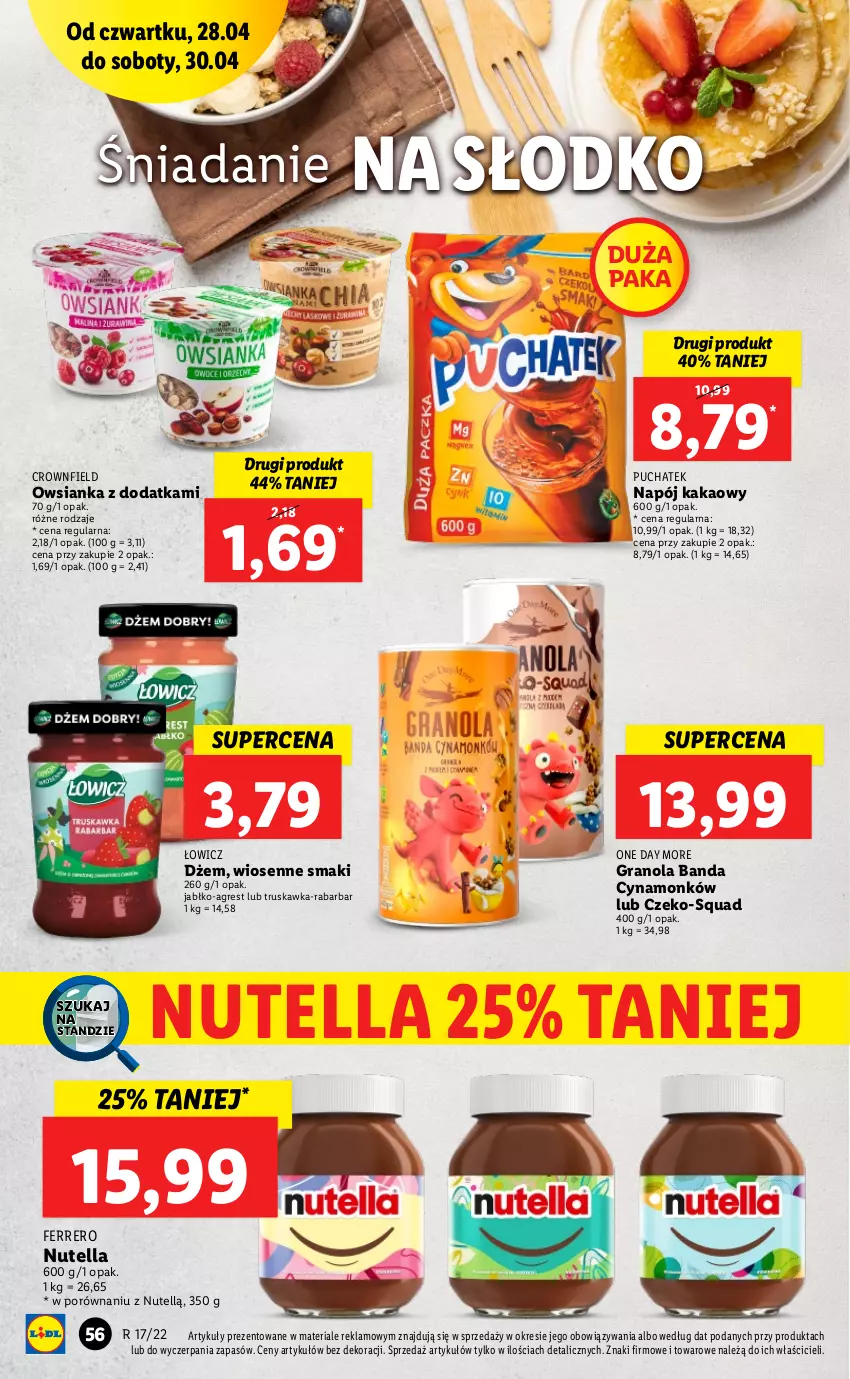 Gazetka promocyjna Lidl - Majówka - ważna 28.04 do 30.04.2022 - strona 56 - produkty: Dżem, Ferrero, Gra, Granola, Gres, Kakao, Napój, Nutella, Owsianka, Por, Squad