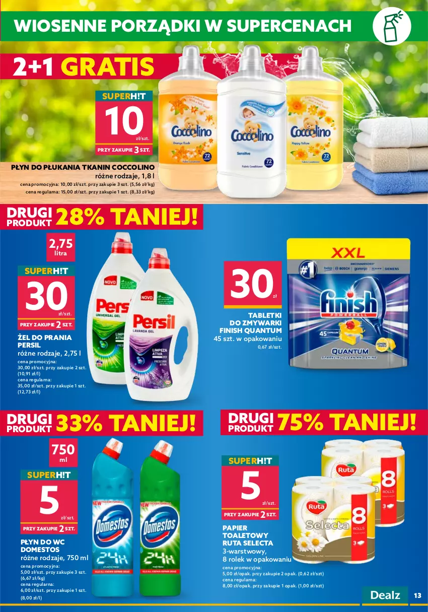 Gazetka promocyjna Dealz - NOWA GAZETKARaz Dwa Trzy Superceny! - ważna 18.05 do 01.06.2022 - strona 13 - produkty: Coccolino, Domestos, Finish, Gra, Papier, Papier toaletowy, Persil, Płyn do płukania, Płyn do wc, Por, Tablet, Tabletki do zmywarki, Zmywarki