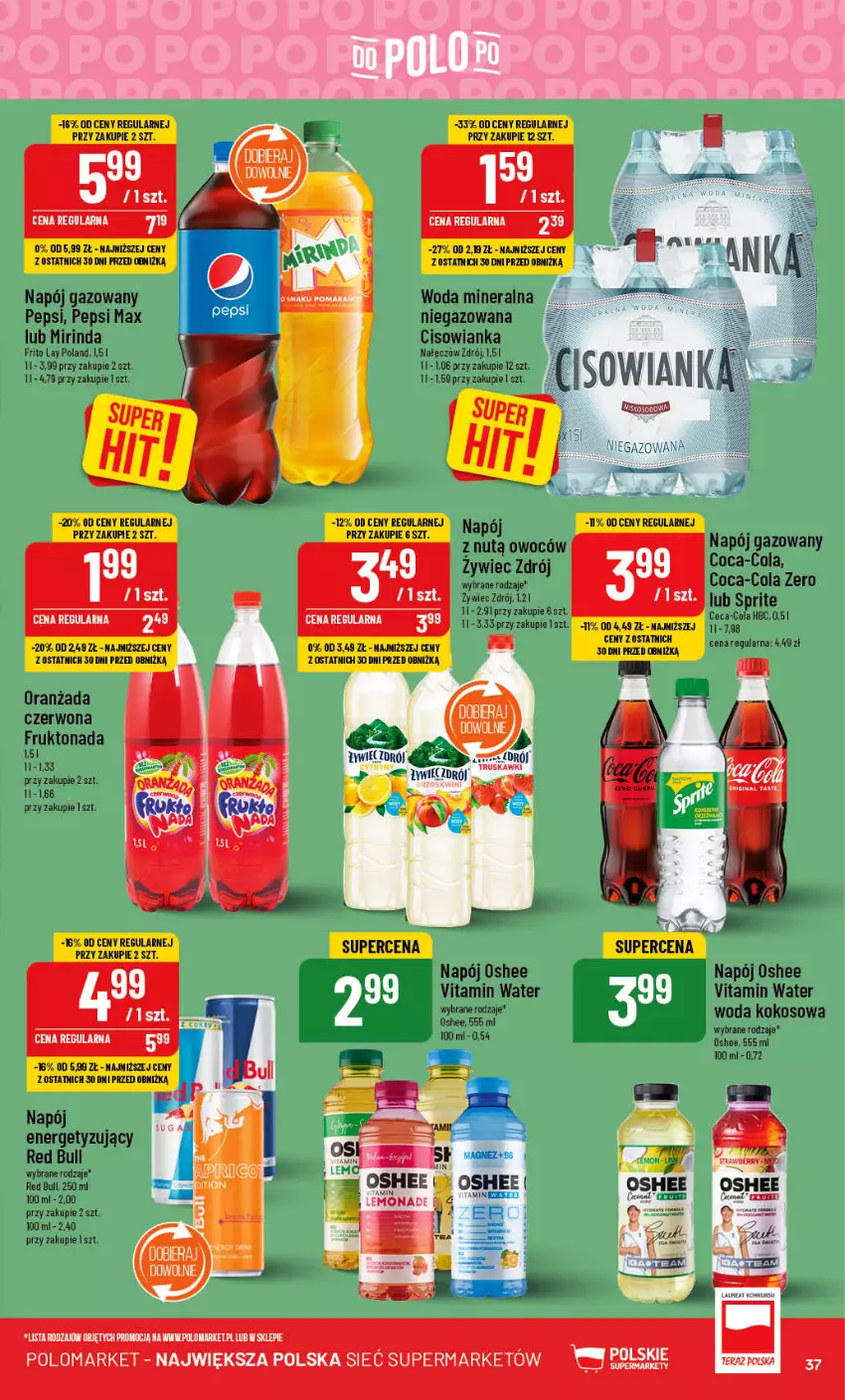 Gazetka promocyjna PoloMarket - Gazetka pomocyjna - ważna 16.08 do 22.08.2023 - strona 37 - produkty: Cisowianka, Coca-Cola, Kokos, Mirinda, Mus, Napój, Napój gazowany, Oranżada, Oshee, Pepsi, Pepsi max, Red Bull, Sprite, Tera, Truskawki, Woda, Woda mineralna