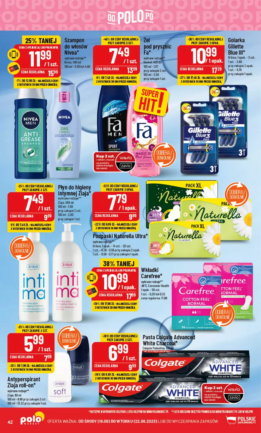 Gazetka promocyjna PoloMarket - Gazetka pomocyjna - ważna 16.08 do 22.08.2023 - strona 42 - produkty: Antyperspirant, BIC, Carefree, Gillette, Golarka, Wkładki, Ziaja