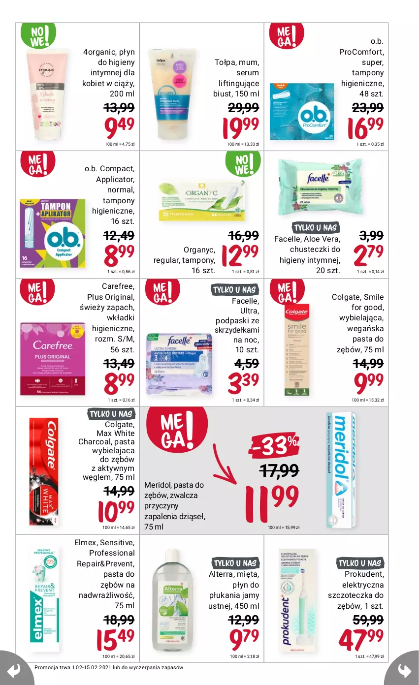 Gazetka promocyjna Rossmann - Luty I - ważna 01.02 do 14.02.2021 - strona 5 - produkty: Aloe vera, Carefree, Chusteczki, Colgate, Elektryczna szczoteczka, Elmex, Fa, Facelle, Gin, LG, O.B., Podpaski, Prokudent, Rum, Ser, Serum, Szczoteczka, Tampony