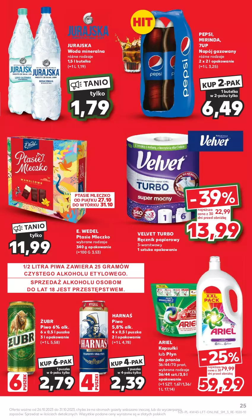 Gazetka promocyjna Kaufland - Gazetka tygodnia - ważna 26.10 do 31.10.2023 - strona 25 - produkty: 7up, Ariel, E. Wedel, Harnaś, Mirinda, Mleczko, Napój, Napój gazowany, Papier, Pepsi, Piwa, Piwo, Płyn do prania, Ptasie mleczko, Ręcznik, Velvet, Woda, Woda mineralna