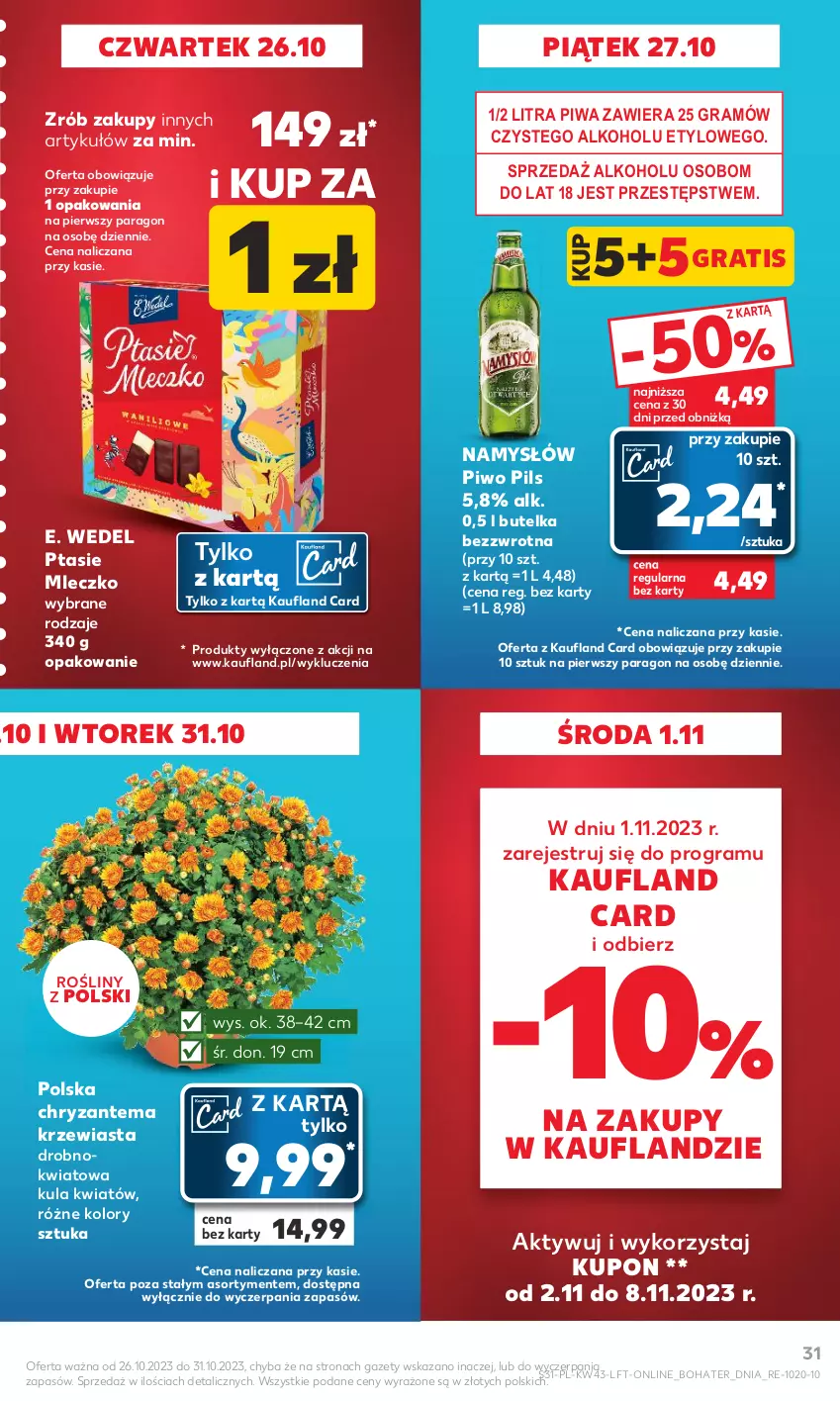 Gazetka promocyjna Kaufland - Gazetka tygodnia - ważna 26.10 do 31.10.2023 - strona 31 - produkty: Chryzantema, E. Wedel, Gra, Mleczko, Namysłów, Piwa, Piwo, Ptasie mleczko