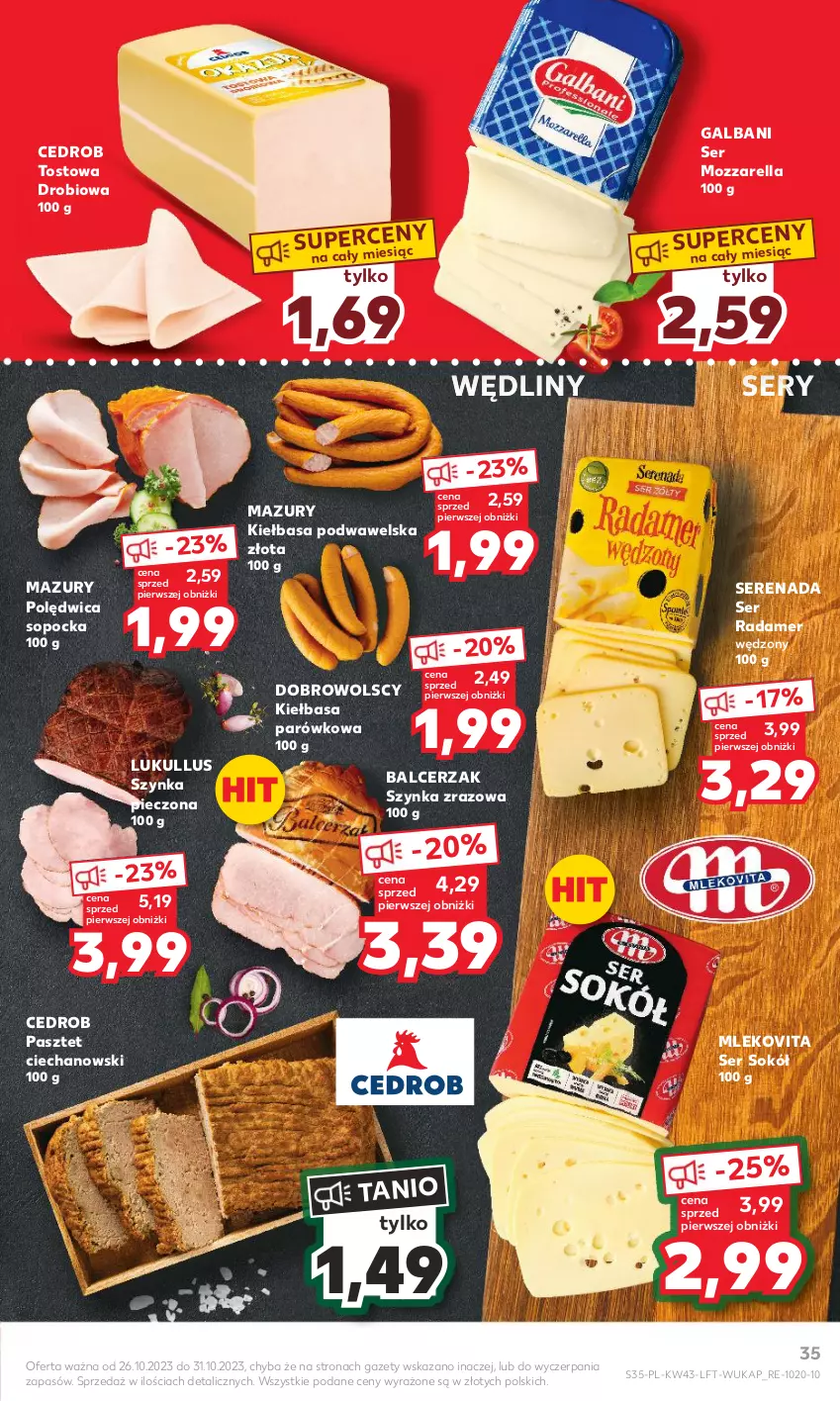 Gazetka promocyjna Kaufland - Gazetka tygodnia - ważna 26.10 do 31.10.2023 - strona 35 - produkty: Galbani, Kiełbasa, Kiełbasa podwawelska, Mleko, Mlekovita, Mozzarella, Pasztet, Piec, Polędwica, Radamer, Ser, Sok, Sokół, Szynka, Wawel