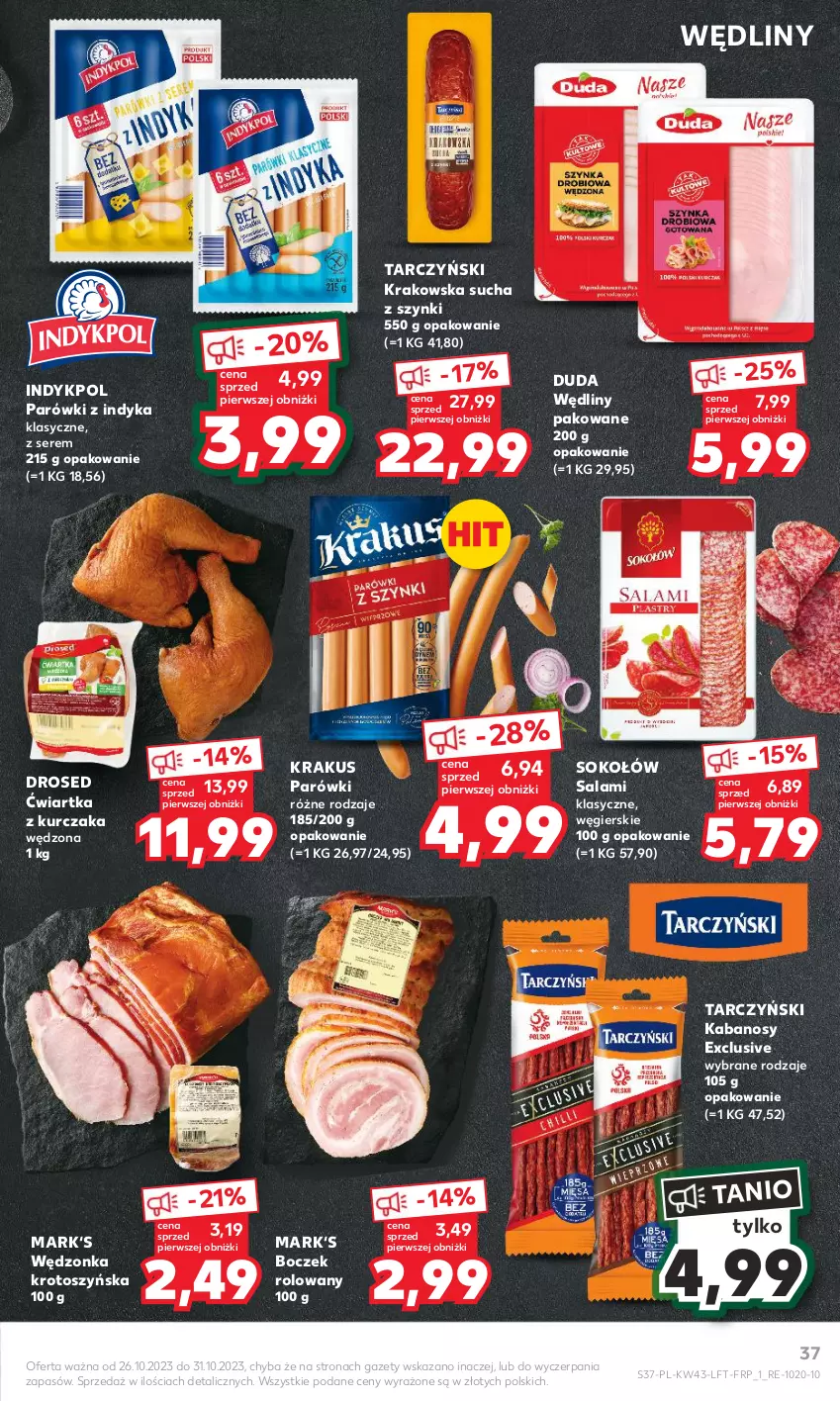 Gazetka promocyjna Kaufland - Gazetka tygodnia - ważna 26.10 do 31.10.2023 - strona 37 - produkty: Boczek, Duda, Kabanos, Krakus, Kurczak, Parówki, Parówki z indyka, Salami, Ser, Sok, Sokołów, Tarczyński