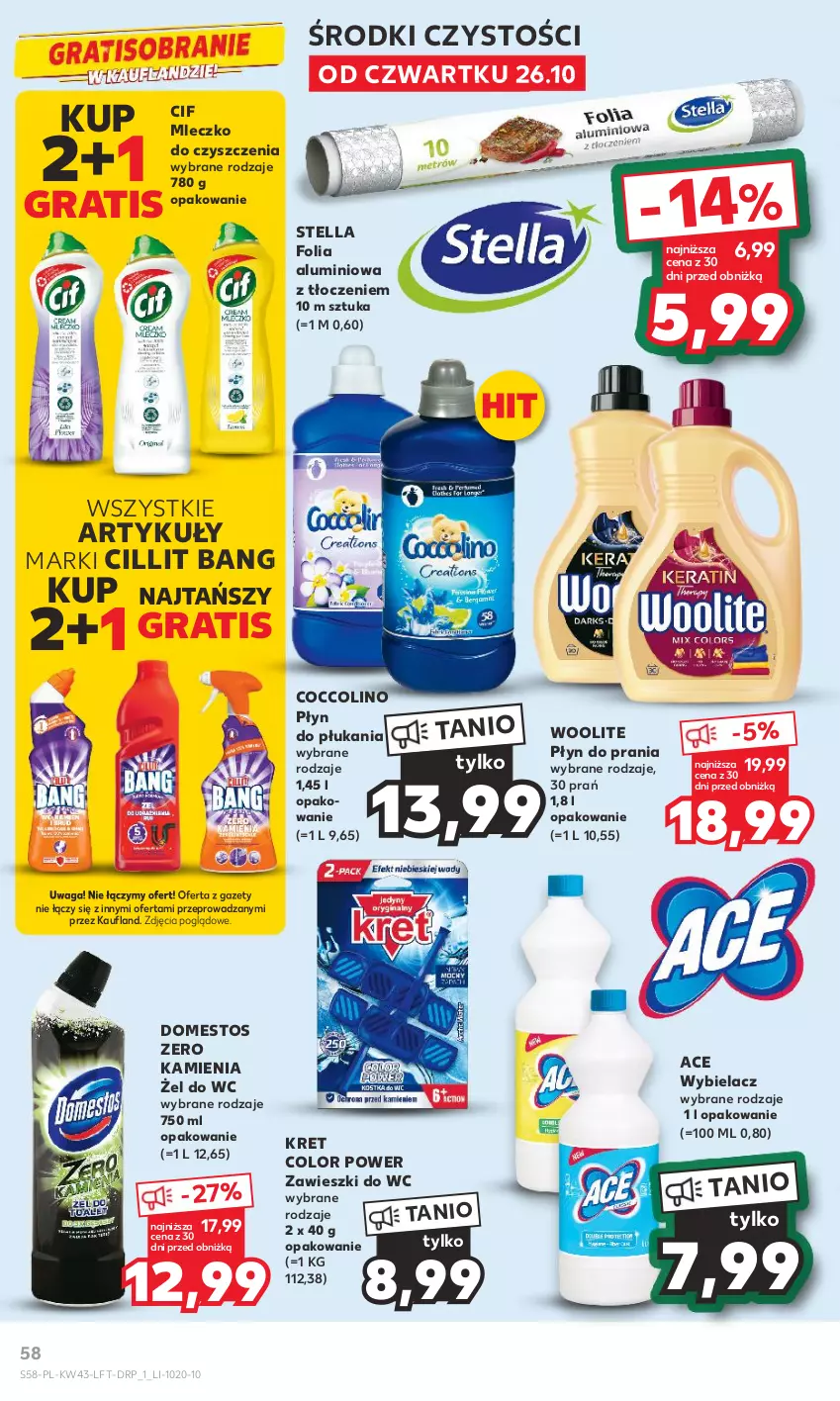 Gazetka promocyjna Kaufland - Gazetka tygodnia - ważna 26.10 do 31.10.2023 - strona 58 - produkty: Cif, Cillit Bang, Coccolino, Domestos, Folia aluminiowa, Gra, Kret, Mleczko, Płyn do płukania, Płyn do prania, Waga, Woolite, Zawieszki