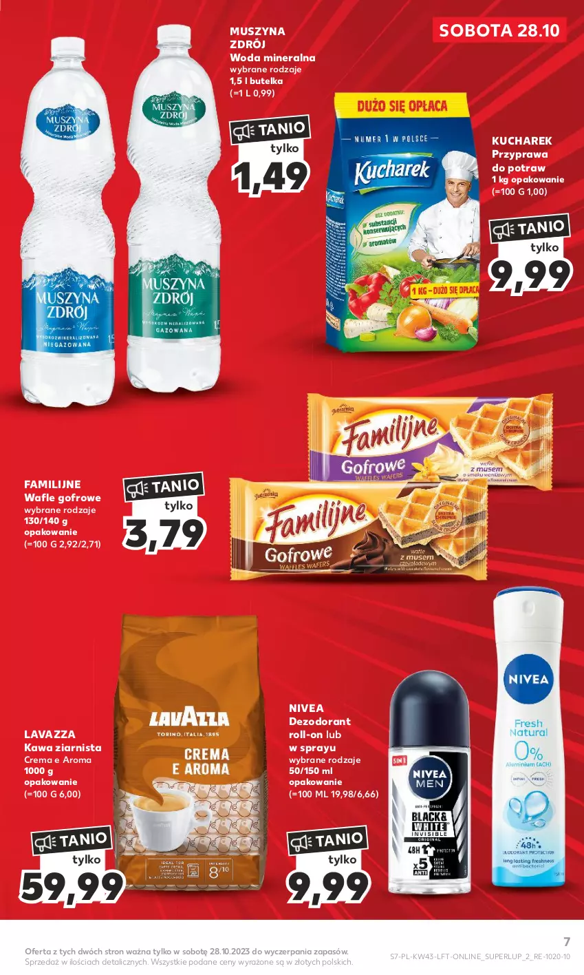 Gazetka promocyjna Kaufland - Gazetka tygodnia - ważna 26.10 do 31.10.2023 - strona 7 - produkty: Dezodorant, Fa, Kawa, Kawa ziarnista, Kucharek, Lavazza, Mus, Nivea, Przyprawa do potraw, Szyna, Wafle, Woda, Woda mineralna