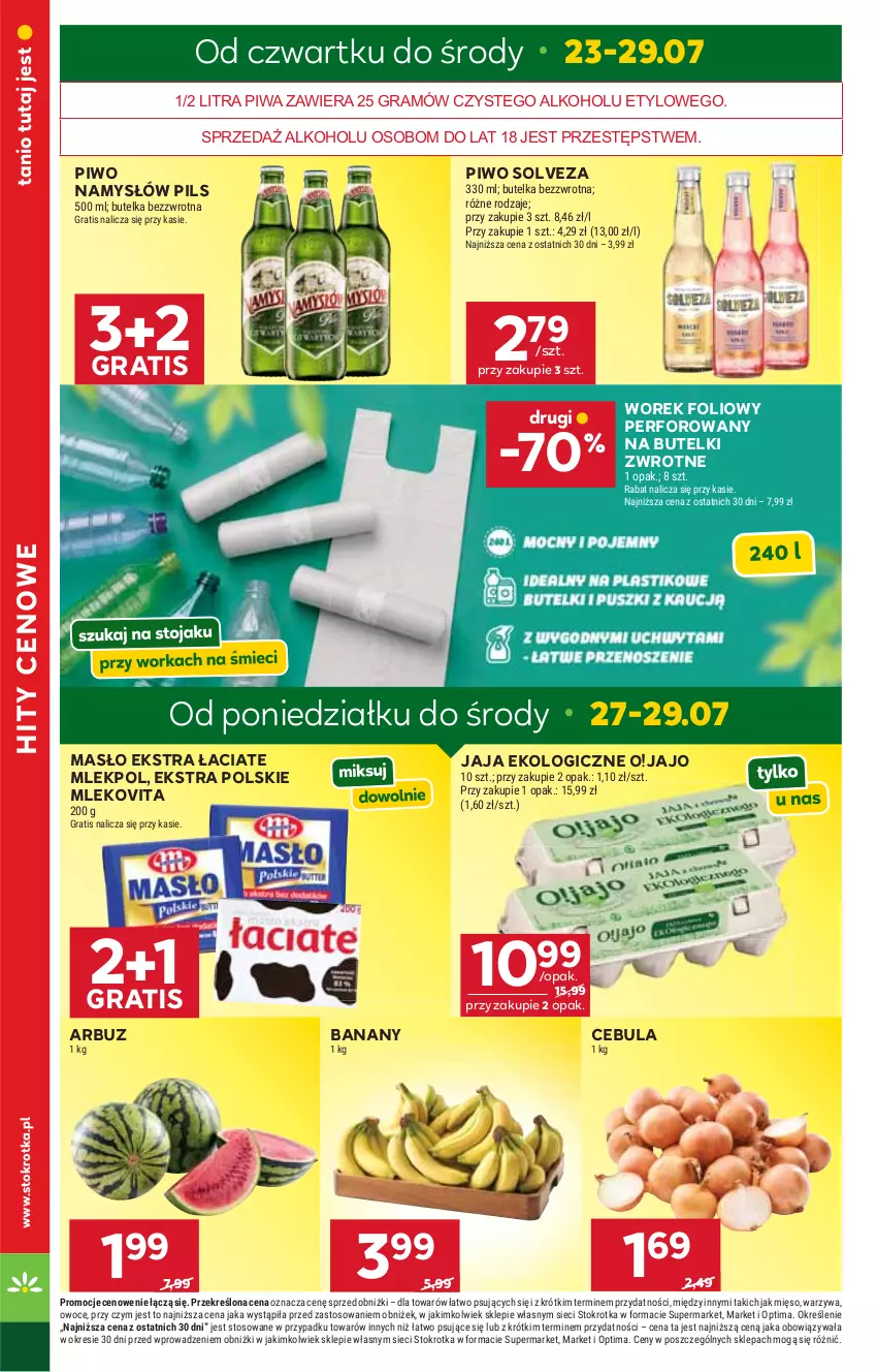 Gazetka promocyjna Stokrotka - Market - ważna 23.07 do 29.07.2026 - strona 6 - produkty: Arbuz, Banany, Cebula, Gra, Jaja, Masło, Mięso, Mleko, Mlekovita, Namysłów, Optima, Owoce, Piwa, Piwo, Warzywa