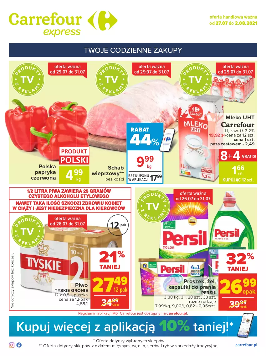 Gazetka promocyjna Carrefour - Gazetka Express - ważna 26.07 do 02.08.2021 - strona 1 - produkty: Gra, Kapsułki do prania, Mleko, Papryka, Papryka czerwona, Persil, Piec, Piwa, Piwo, Schab wieprzowy, Ser, Tyskie