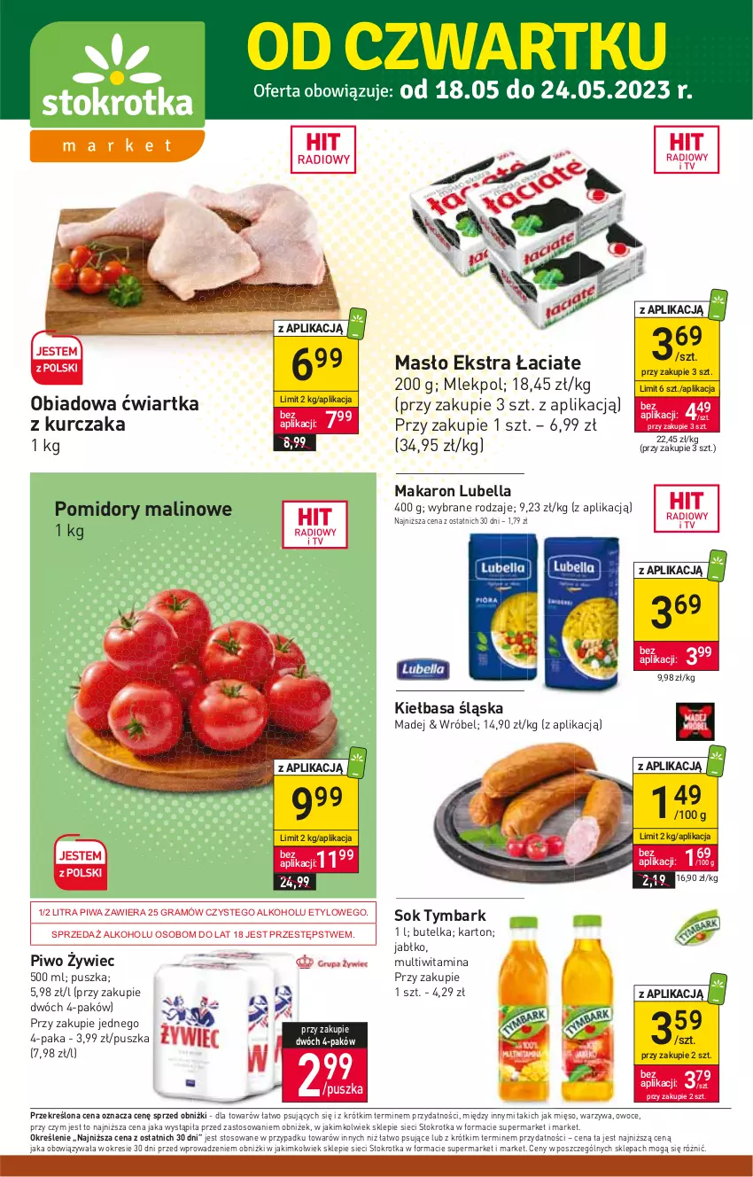 Gazetka promocyjna Stokrotka - Market - ważna 18.05 do 24.05.2023 - strona 1 - produkty: Bell, Bella, Gra, Kiełbasa, Kiełbasa śląska, Kurczak, Lubella, Makaron, Masło, Mięso, Owoce, Piwa, Piwo, Pomidory, Sok, Tymbark, Warzywa