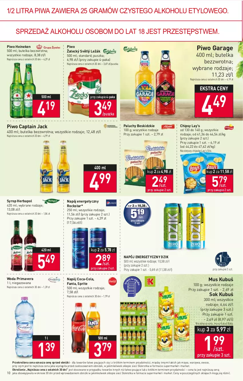 Gazetka promocyjna Stokrotka - Market - ważna 18.05 do 24.05.2023 - strona 10 - produkty: Beskidzki, Captain Jack, Chipsy, Coca-Cola, Fa, Fanta, Gra, Heineken, Herbapol, Kubuś, Lay’s, Mięso, Mus, Napój, Napój energetyczny, Owoce, Piwa, Piwo, Prima, Primavera, Sok, Sprite, Syrop, Warzywa, Woda