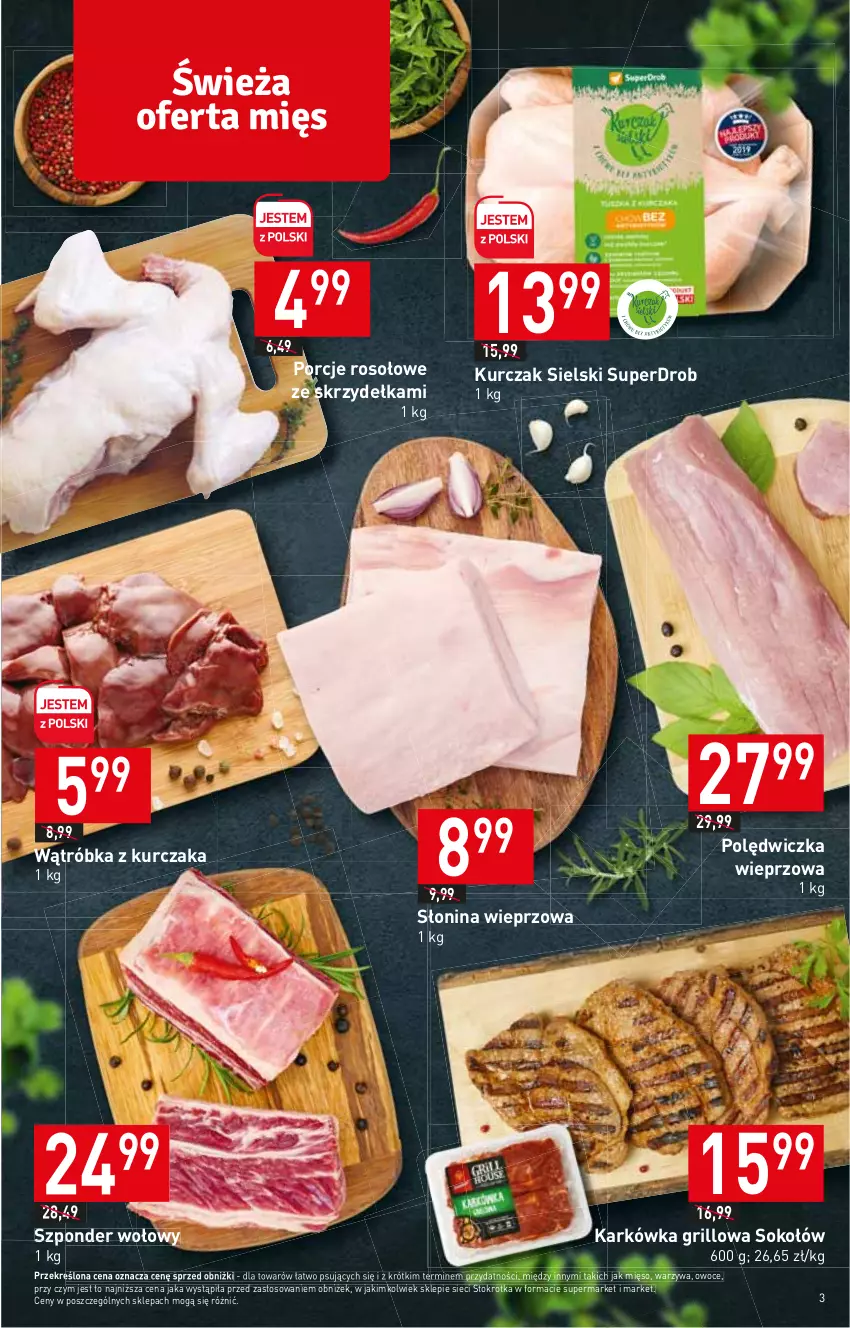 Gazetka promocyjna Stokrotka - Market - ważna 18.05 do 24.05.2023 - strona 3 - produkty: Grill, Kurczak, Mięso, Owoce, Polędwiczka wieprzowa, Por, Sok, Sokołów, Szponder wołowy, Warzywa