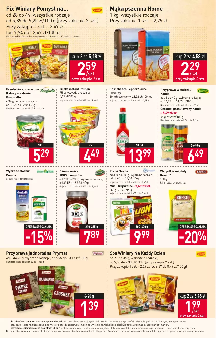 Gazetka promocyjna Stokrotka - Market - ważna 18.05 do 24.05.2023 - strona 8 - produkty: Bonduelle, Czosnek, Czosnek granulowany, Dżem, Fa, Fasola, Gra, Kamis, Mąka, Mąka pszenna, Mięso, Migdały, Mus, Nestlé, Owoce, Prymat, Sos, Sos tabasco, Warzywa, Winiary