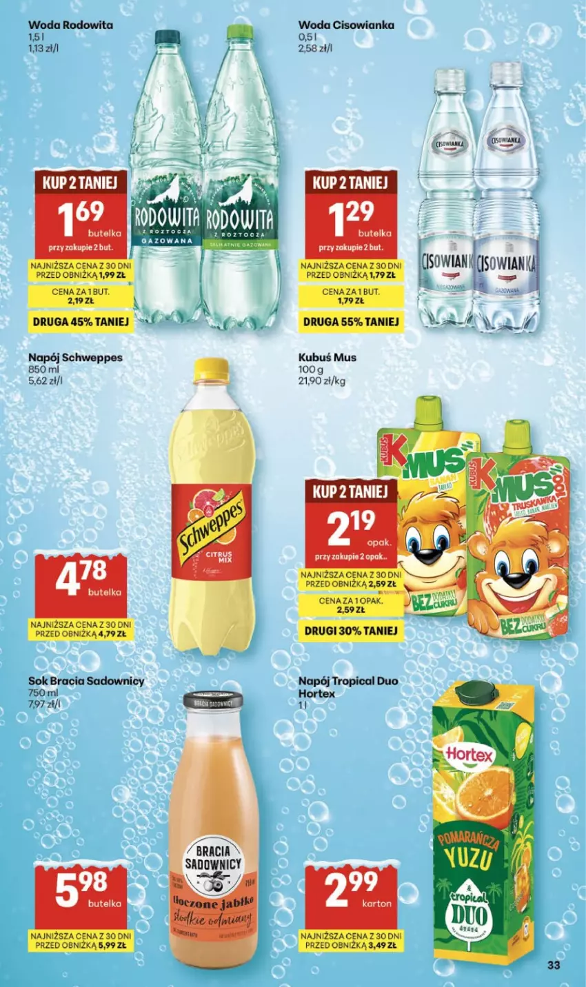 Gazetka promocyjna Delikatesy Centrum - Franczyza DC05 Czwartek - ważna 29.01 do 04.02.2026 - strona 33 - produkty: Cisowianka, Hortex, Kubuś, Mus, Napój, Schweppes, Sok, Tropical, Woda