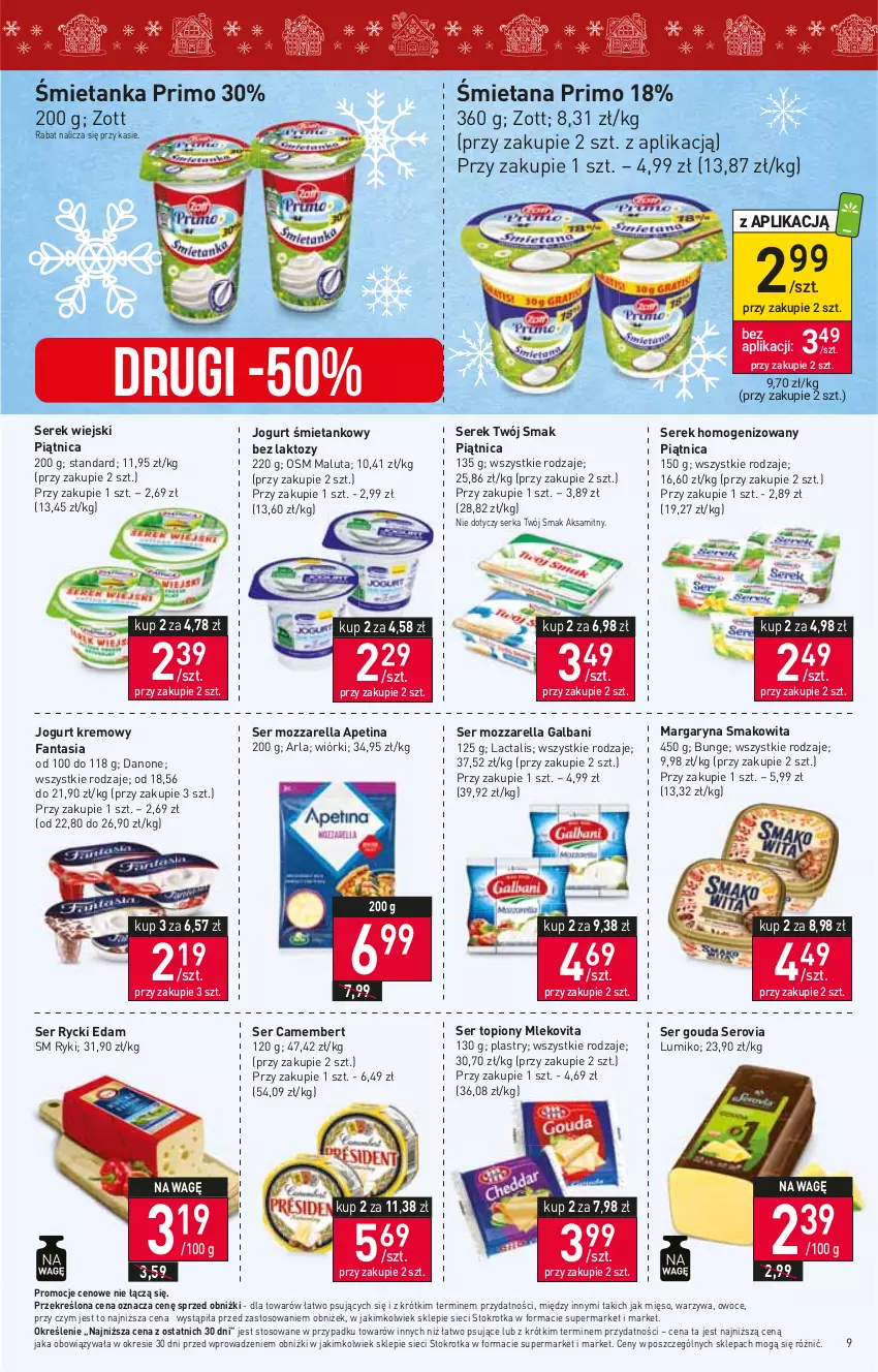 Gazetka promocyjna Stokrotka - Market - ważna 14.12 do 20.12.2023 - strona 10 - produkty: Aksam, Camembert, Danone, Edam, Fa, Fanta, Galbani, Gouda, Jogurt, Margaryna, Mięso, Mleko, Mlekovita, Mozzarella, Owoce, Piątnica, Rycki Edam, Ser, Ser topiony, Serek, Serek homogenizowany, Serek wiejski, Smakowita, Top, Twój Smak, Warzywa, Zott