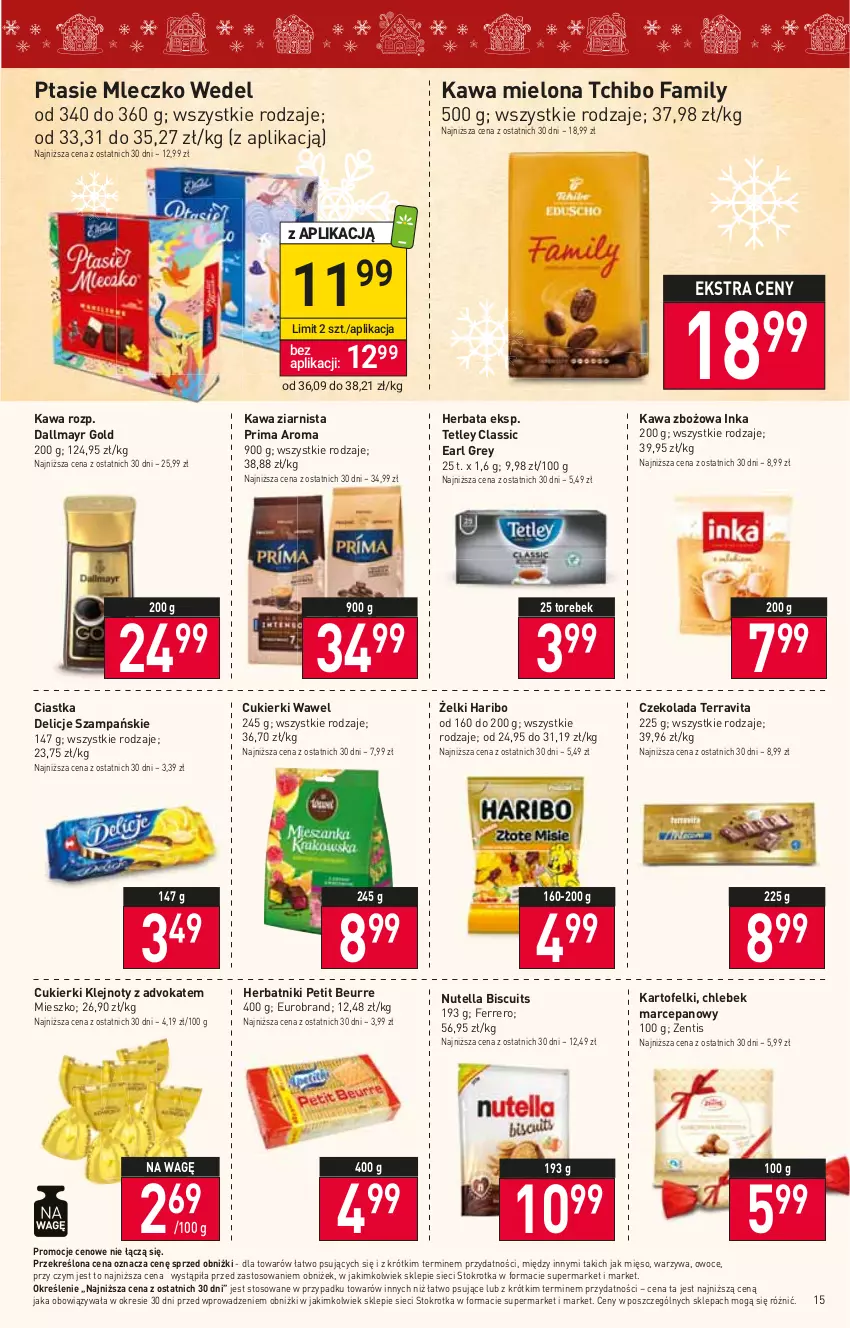 Gazetka promocyjna Stokrotka - Market - ważna 14.12 do 20.12.2023 - strona 16 - produkty: Chleb, Ciastka, Cukier, Cukierki, Czekolada, Dallmayr, Delicje, Earl Grey, Fa, Ferrero, Haribo, Herbata, Herbatniki, Herbatniki Petit Beurre, Inka, Kawa, Kawa mielona, Kawa zbożowa, Kawa ziarnista, Klej, Mięso, Mleczko, Nutella, Owoce, Prima, Ptasie mleczko, Tchibo, Tchibo Family, Tetley, Warzywa, Wawel