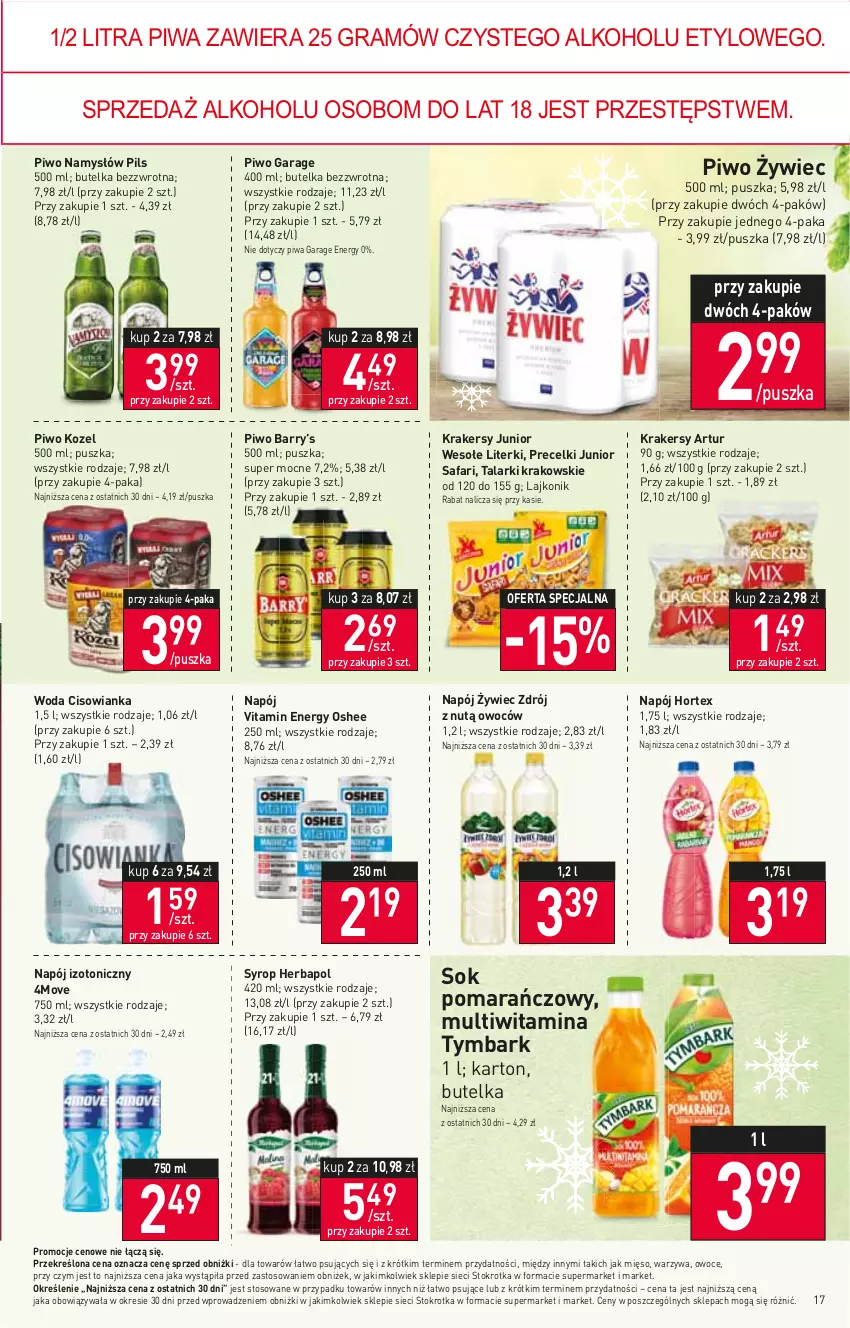 Gazetka promocyjna Stokrotka - Market - ważna 14.12 do 20.12.2023 - strona 18 - produkty: Artur, Cisowianka, Fa, Gra, Herbapol, Hortex, Kozel, Krakersy, Lajkonik, Mięso, Namysłów, Napój, Napój izotoniczny, Oshee, Owoce, Piwa, Piwo, Precelki, Sok, Sok pomarańczowy, Syrop, Tymbark, Warzywa, Woda