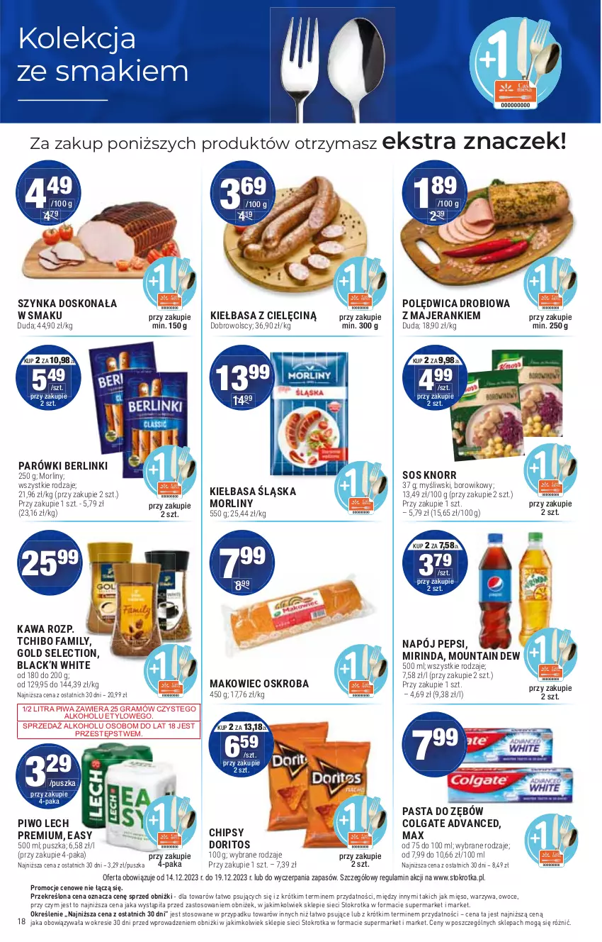 Gazetka promocyjna Stokrotka - Market - ważna 14.12 do 20.12.2023 - strona 19 - produkty: Berlinki, Chipsy, Colgate, Fa, Gra, Kawa, Knorr, Lack, Lech Premium, LG, Makowiec, Mięso, Mirinda, Morliny, Napój, Owoce, Parówki, Pepsi, Piwa, Piwo, Sos, Tchibo, Tchibo Family, Warzywa