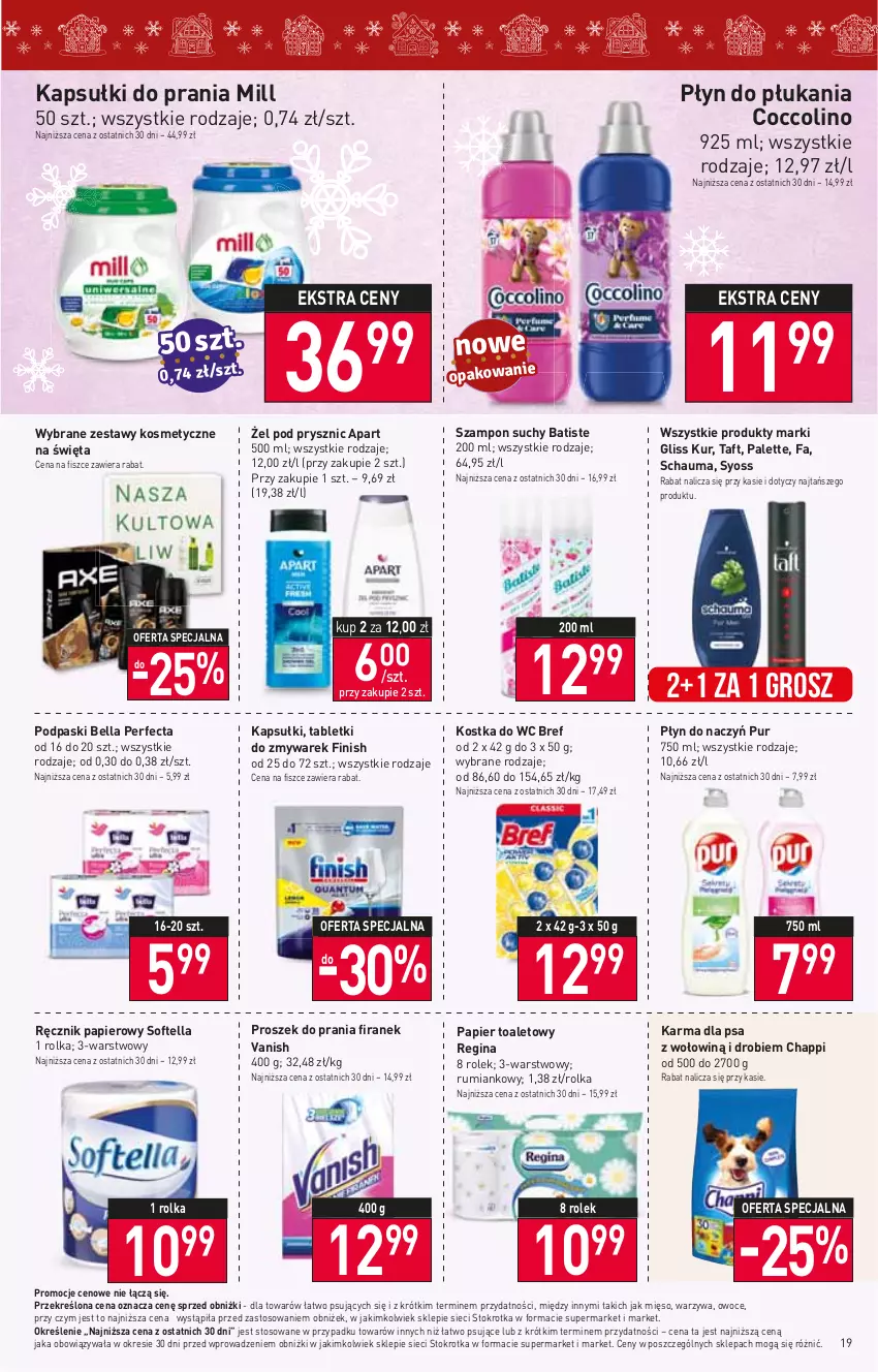 Gazetka promocyjna Stokrotka - Market - ważna 14.12 do 20.12.2023 - strona 20 - produkty: Batiste, Bell, Bella, Bref, Chappi, Coccolino, Fa, Finish, Gin, Gliss Kur, Kapsułki do prania, Kostka do wc, Mięso, Owoce, Palette, Papier, Papier toaletowy, Perfecta, Płyn do płukania, Podpaski, Proszek do prania, Pur, Ręcznik, Rum, Schauma, Syoss, Szampon, Tablet, Taft, Vanish, Warzywa