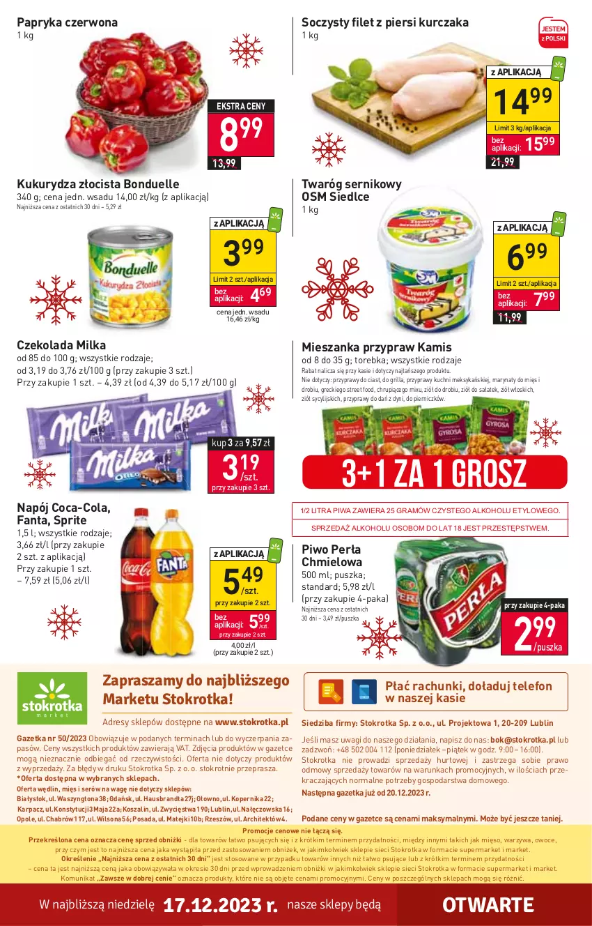 Gazetka promocyjna Stokrotka - Market - ważna 14.12 do 20.12.2023 - strona 21 - produkty: Bonduelle, Coca-Cola, Czekolada, Fa, Fanta, Filet z piersi kurczaka, Goal, Gra, Grill, Kamis, Karp, Kosz, Kukurydza, Kurczak, Mięso, Milka, Napój, O nas, Owoce, Papryka, Papryka czerwona, Perła, Piwa, Piwo, Przyprawy, Sałat, Ser, Sprite, Szal, Telefon, Torebka, Twaróg, Wagi, Warzywa, Wilson