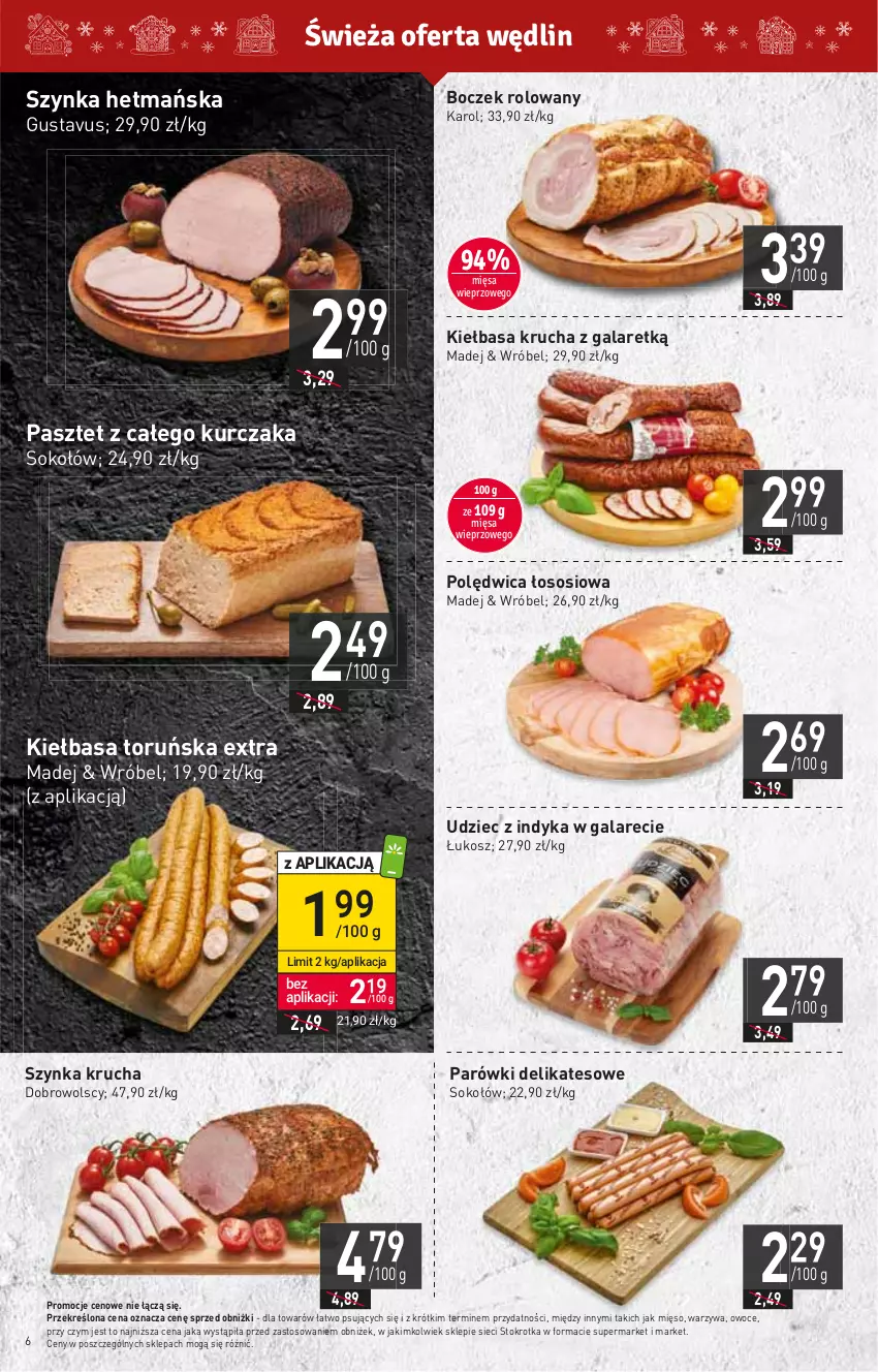 Gazetka promocyjna Stokrotka - Market - ważna 14.12 do 20.12.2023 - strona 6 - produkty: Boczek, Gala, HP, Kiełbasa, Kiełbasa krucha, Kosz, Kurczak, Mięso, Owoce, Parówki, Pasztet, Polędwica, Sok, Sokołów, Sos, Szynka, Udziec z indyka, Udziec z indyka w galarecie, Warzywa