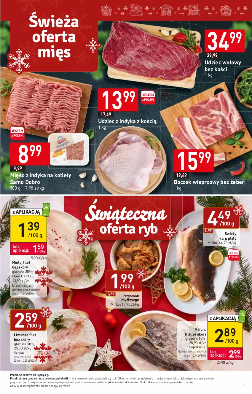 Gazetka promocyjna Stokrotka - Market - ważna 14.12 do 20.12.2023 - strona 7 - produkty: Boczek, Boczek wieprzowy, Glazura, Karp, Kotlet, Lazur, Mięso, Mięso z indyka, Mintaj, Miruna, Owoce, Udziec wołowy, Udziec z indyka, Warzywa