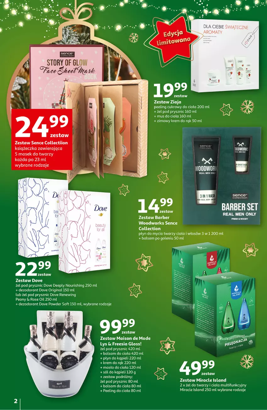 Gazetka promocyjna Auchan - Dobry pomysł na prezent Hipermarkety - ważna 12.11 do 17.11.2021 - strona 2 - produkty: Balsam do ciała, Balsam po goleniu, Dezodorant, Dove, Gin, Isla, Krem do rąk, Masło, Masło do ciała, Mus, Peeling, Płyn do kąpieli, Płyn do mycia, Sól, Sól do kąpieli, Ziaja