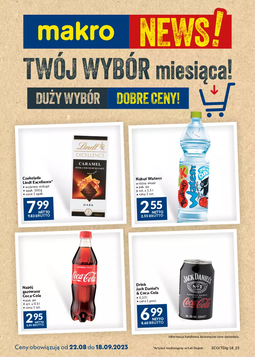 Gazetka promocyjna Makro - Najlepsze oferty - oferta z alkoholem - ważna 22.08 do 18.09.2023 - strona 1 - produkty: Coca-Cola, Czekolada, Kubuś, Kubuś Waterrr, Lindt, Napój, Napój gazowany