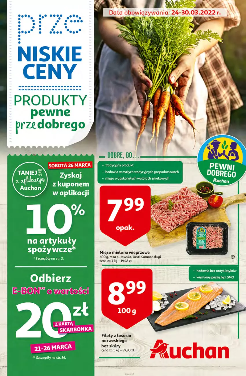 Gazetka promocyjna Auchan - przeNISKIE CENY produkty pewne przedobrego Hipermarkety - ważna 24.03 do 30.03.2022 - strona 1 - produkty: Artykuły spożywcze, Karmi, Mięso, Mięso mielone, Sos