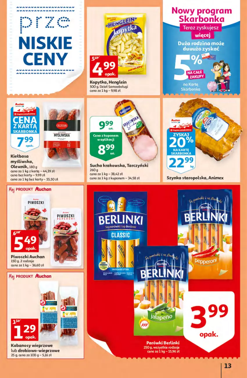 Gazetka promocyjna Auchan - przeNISKIE CENY produkty pewne przedobrego Hipermarkety - ważna 24.03 do 30.03.2022 - strona 13 - produkty: Berlinki, Kabanos, Kiełbasa, Kopytka, Olewnik, Parówki, Piwo, Ryż, Tarczyński