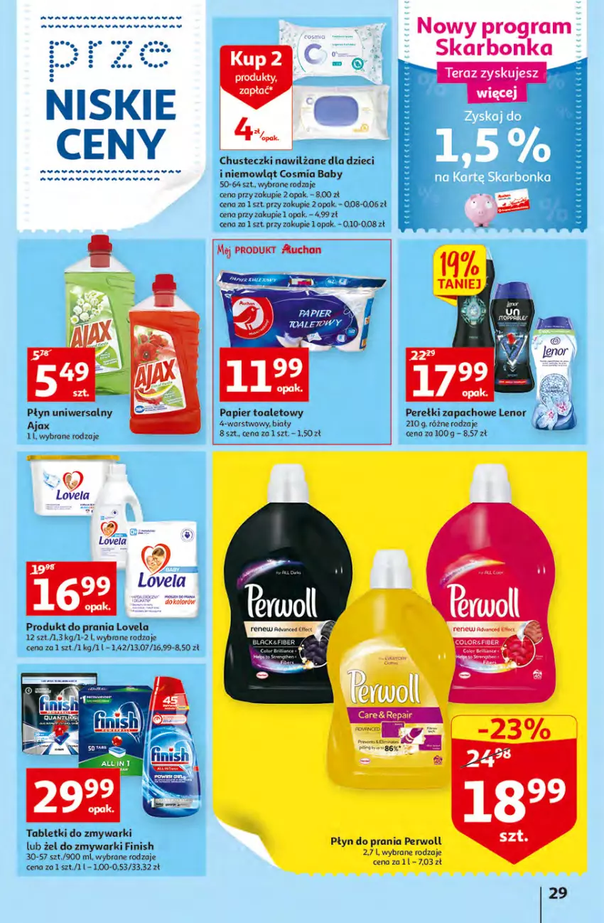 Gazetka promocyjna Auchan - przeNISKIE CENY produkty pewne przedobrego Hipermarkety - ważna 24.03 do 30.03.2022 - strona 29 - produkty: Ajax, Chusteczki, Dzieci, Finish, Gra, Lenor, Lovela, Papier, Papier toaletowy, Perełki zapachowe, Ryż, Tablet, Tabletki do zmywarki, Tera, Zmywarki