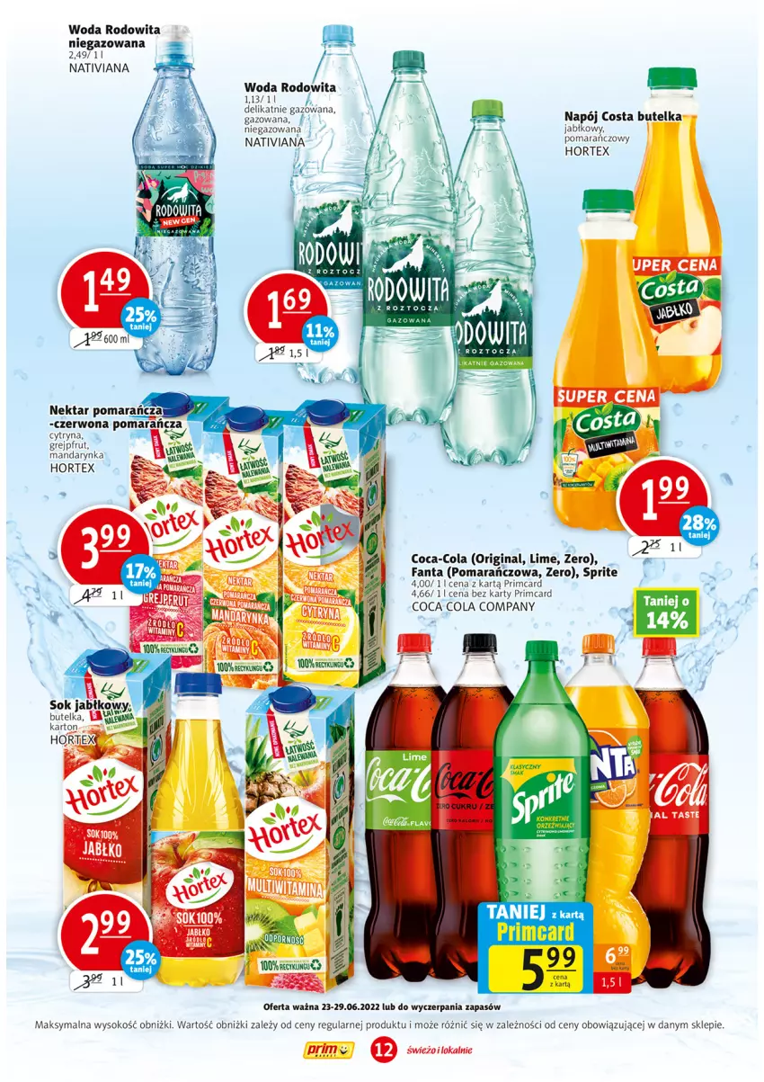 Gazetka promocyjna Prim Market - ważna 23.06 do 29.06.2022 - strona 12 - produkty: Coca-Cola, Fa, Fanta, Gin, Grejpfrut, Hortex, Kret, Napój, Nektar, Ser, Sok, Sprite, Woda