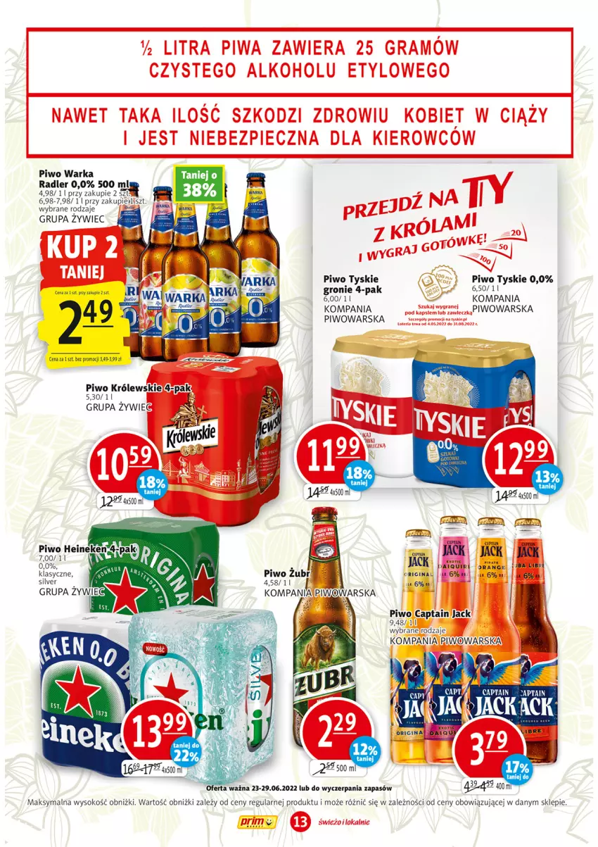 Gazetka promocyjna Prim Market - ważna 23.06 do 29.06.2022 - strona 13 - produkty: Captain Jack, Gin, LG, Piwo, Radler, Sok, Tyskie, Warka