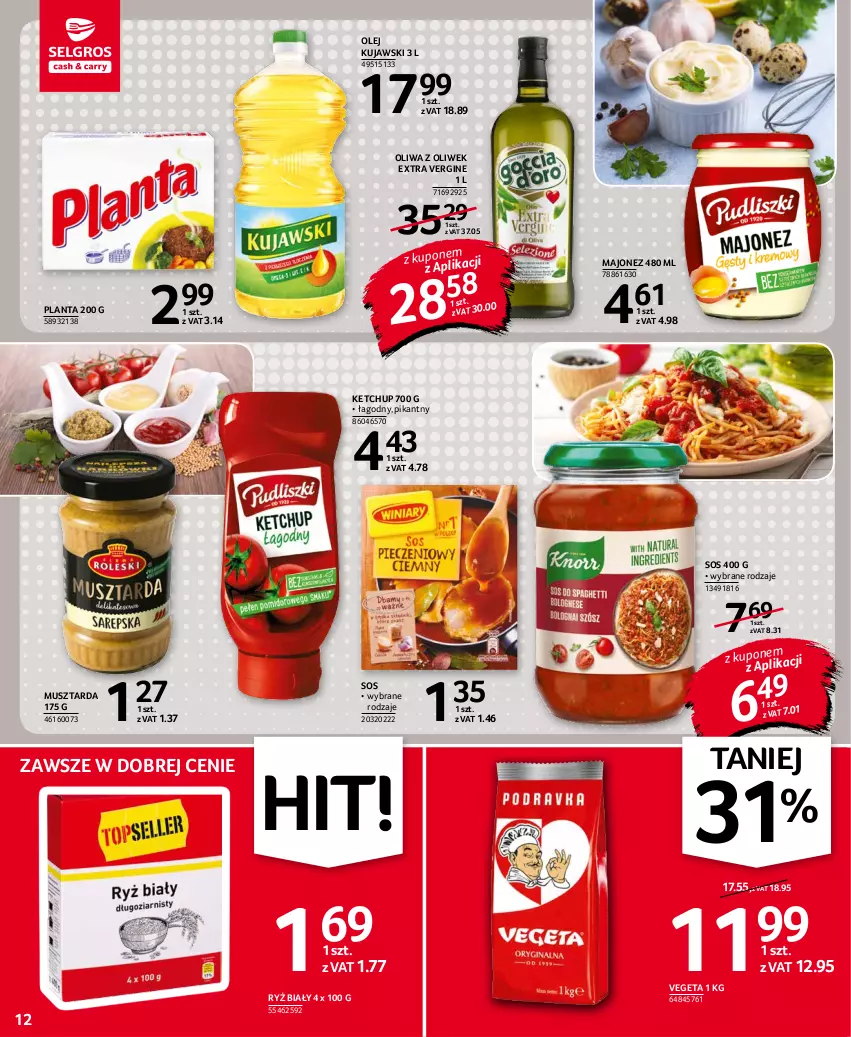 Gazetka promocyjna Selgros - Oferta spożywcza - ważna 02.09 do 15.09.2021 - strona 12 - produkty: Gin, Ketchup, Kujawski, Majonez, Mus, Musztarda, Olej, Oliwa z oliwek, Ryż, Ryż biały, Sos, Vegeta