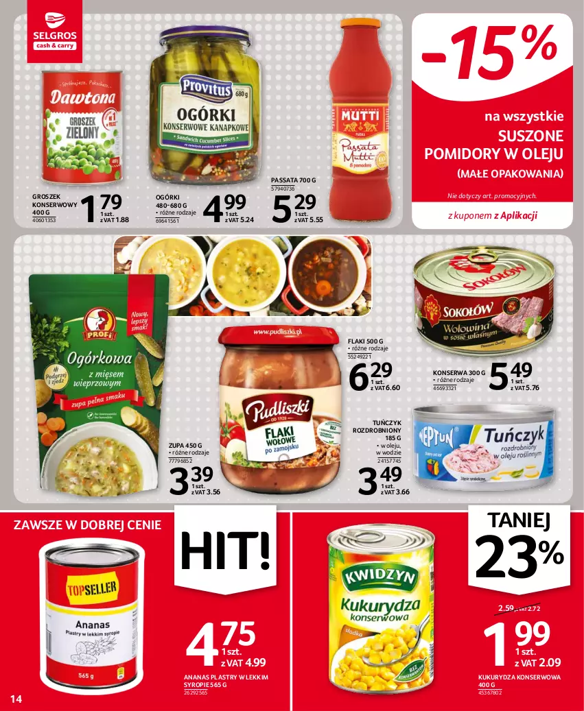 Gazetka promocyjna Selgros - Oferta spożywcza - ważna 02.09 do 15.09.2021 - strona 14 - produkty: Ananas, Flaki, Groszek, Kukurydza, Kukurydza konserwowa, Olej, Pomidory, Ser, Suszone pomidory, Syrop, Tuńczyk, Zupa