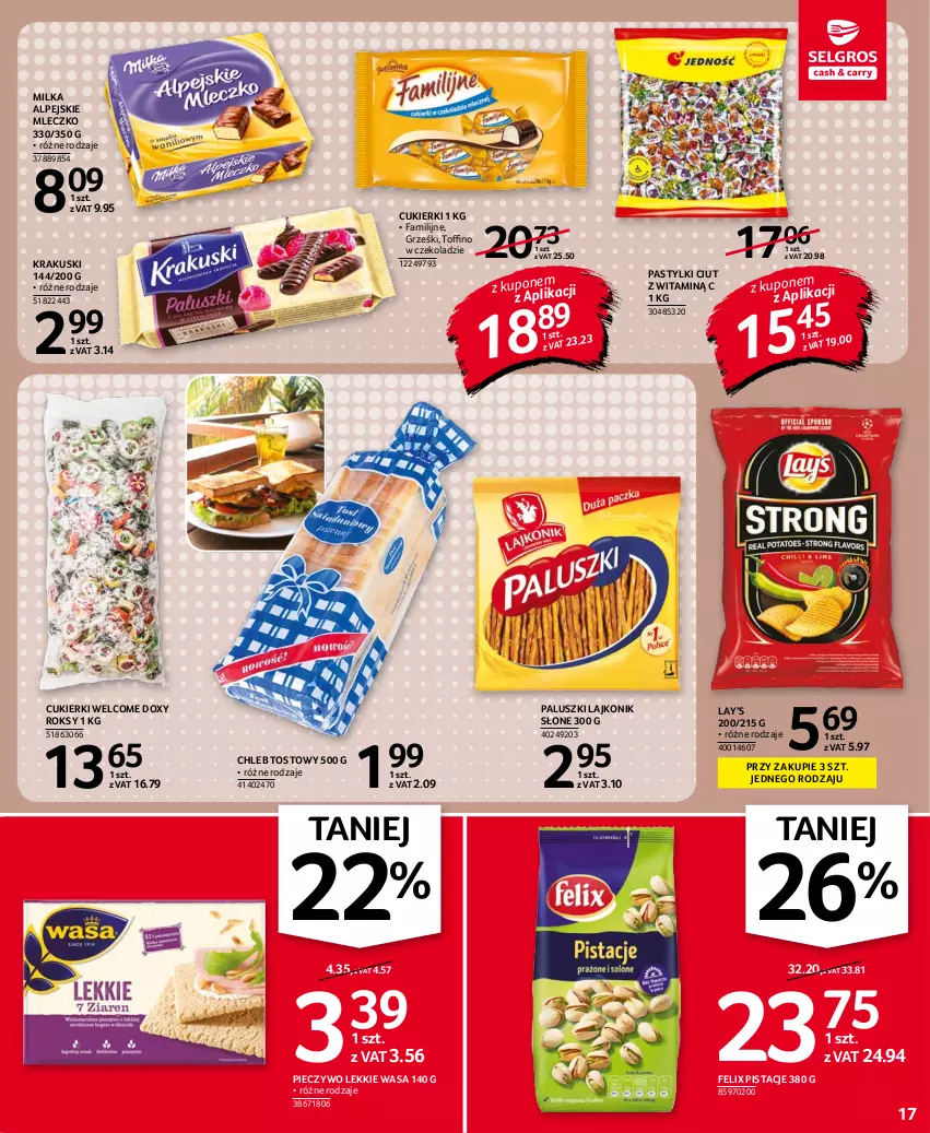 Gazetka promocyjna Selgros - Oferta spożywcza - ważna 02.09 do 15.09.2021 - strona 17 - produkty: Chleb, Chleb tostowy, Cukier, Cukierki, Fa, Felix, Grześki, Krakus, Krakuski, Lajkonik, Lay’s, Milka, Mleczko, Pastylki, Piec, Pieczywo, Pistacje, Toffino, Wasa