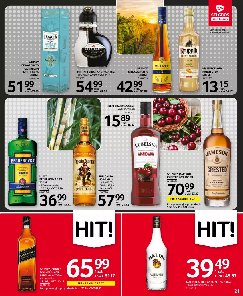 Gazetka promocyjna Selgros - Oferta spożywcza - ważna 02.09 do 15.09.2021 - strona 21 - produkty: Brandy, Captain Morgan, Jameson, Johnnie Walker, Krupnik, Lack, Likier, Malibu, Metaxa, Rum, Whiskey, Whisky