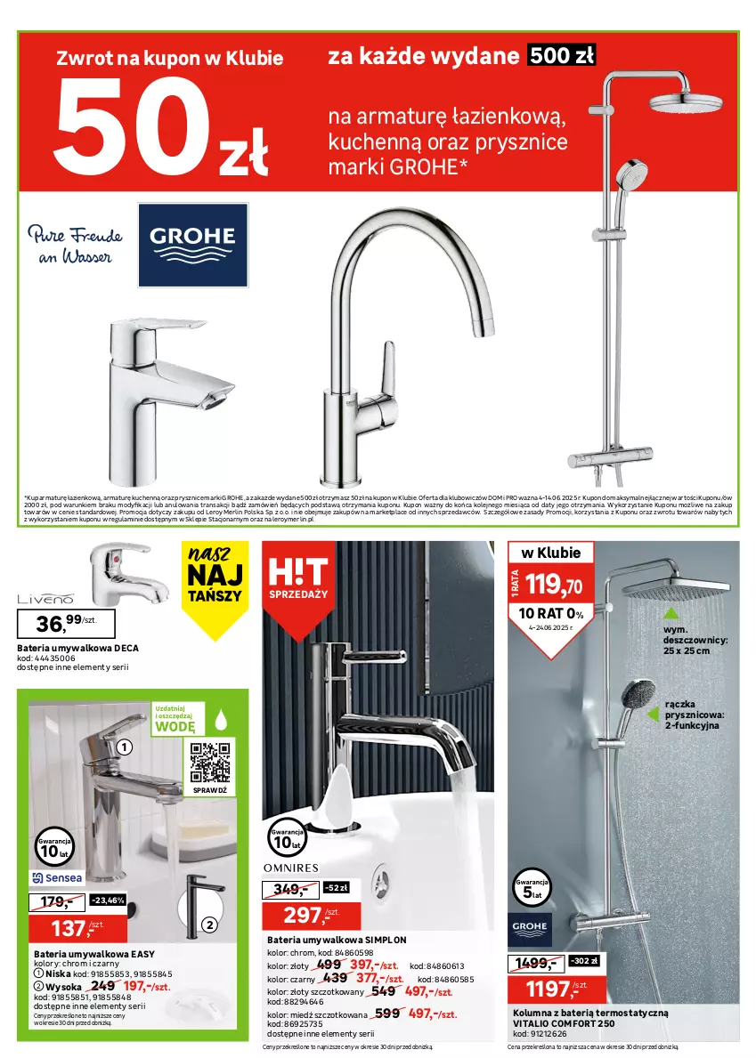 Gazetka promocyjna Leroy Merlin - Gazetka Leroy Merlin - ważna 04.06 do 24.06.2025 - strona 20 - produkty: Bateria, Bateria umywalkowa, Deska wolnoopadająca, Gra, Grohe, Miska, Miska wisząca, Olej, Ser, Sok, Termos, Tran