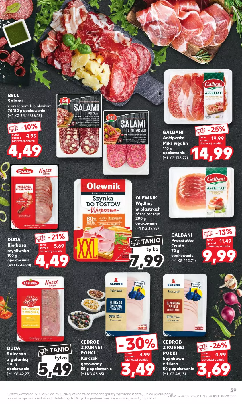 Gazetka promocyjna Kaufland - Gazetka tygodnia - ważna 19.10 do 25.10.2023 - strona 39 - produkty: Bell, Duda, Galbani, Kiełbasa, Kurczak, Kurczak gotowany, Olewnik, Prosciutto, Salami, Salceson