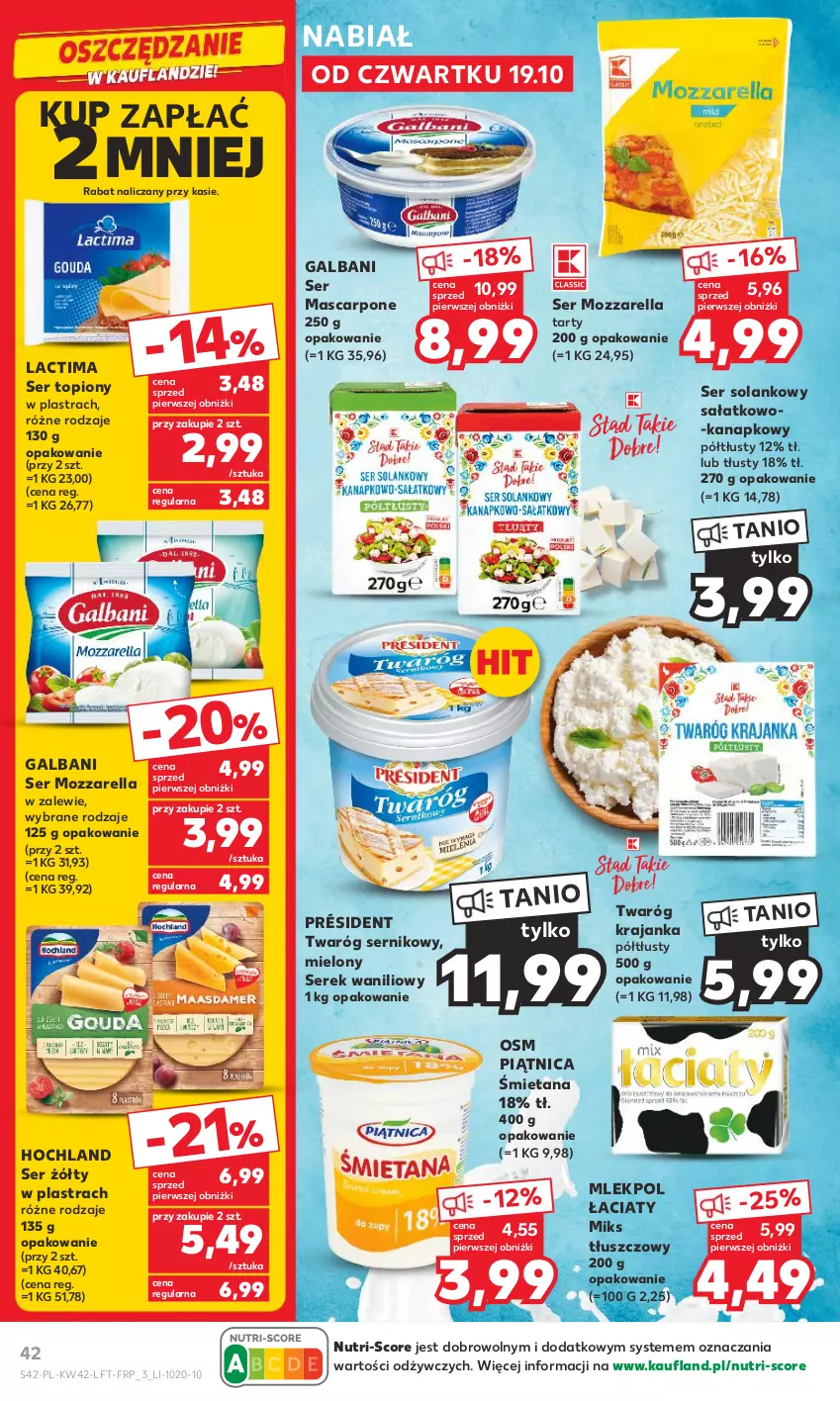 Gazetka promocyjna Kaufland - Gazetka tygodnia - ważna 19.10 do 25.10.2023 - strona 42 - produkty: Galbani, Hochland, Mascarpone, Miks tłuszczowy, Mozzarella, Piątnica, Président, Sałat, Ser, Ser topiony, Serek, Solan, Top, Twaróg