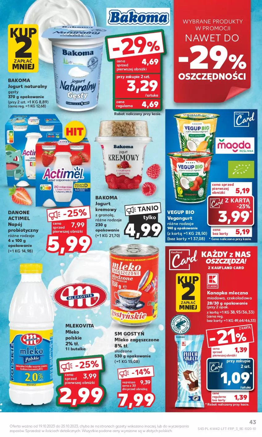 Gazetka promocyjna Kaufland - Gazetka tygodnia - ważna 19.10 do 25.10.2023 - strona 43 - produkty: Actimel, Bakoma, Danone, Gra, Jogurt, Jogurt naturalny, Mleko, Mleko zagęszczone, Mlekovita, Napój, Vegangurt