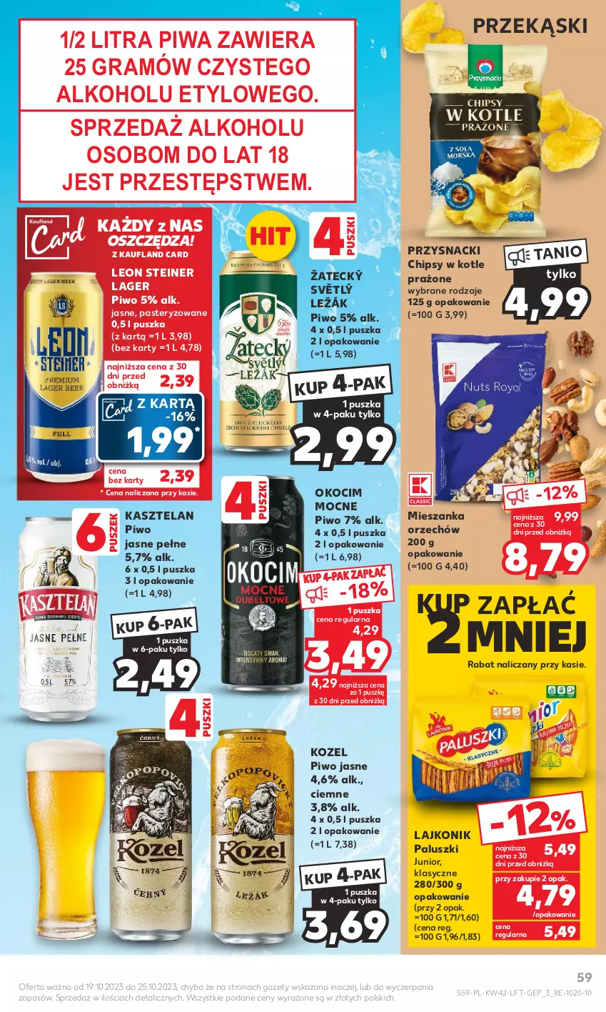 Gazetka promocyjna Kaufland - Gazetka tygodnia - ważna 19.10 do 25.10.2023 - strona 59 - produkty: Chipsy, Gra, Kasztelan, Koc, Kozel, Lajkonik, Leon, Okocim, Piwa, Piwo, Piwo jasne, Przysnacki