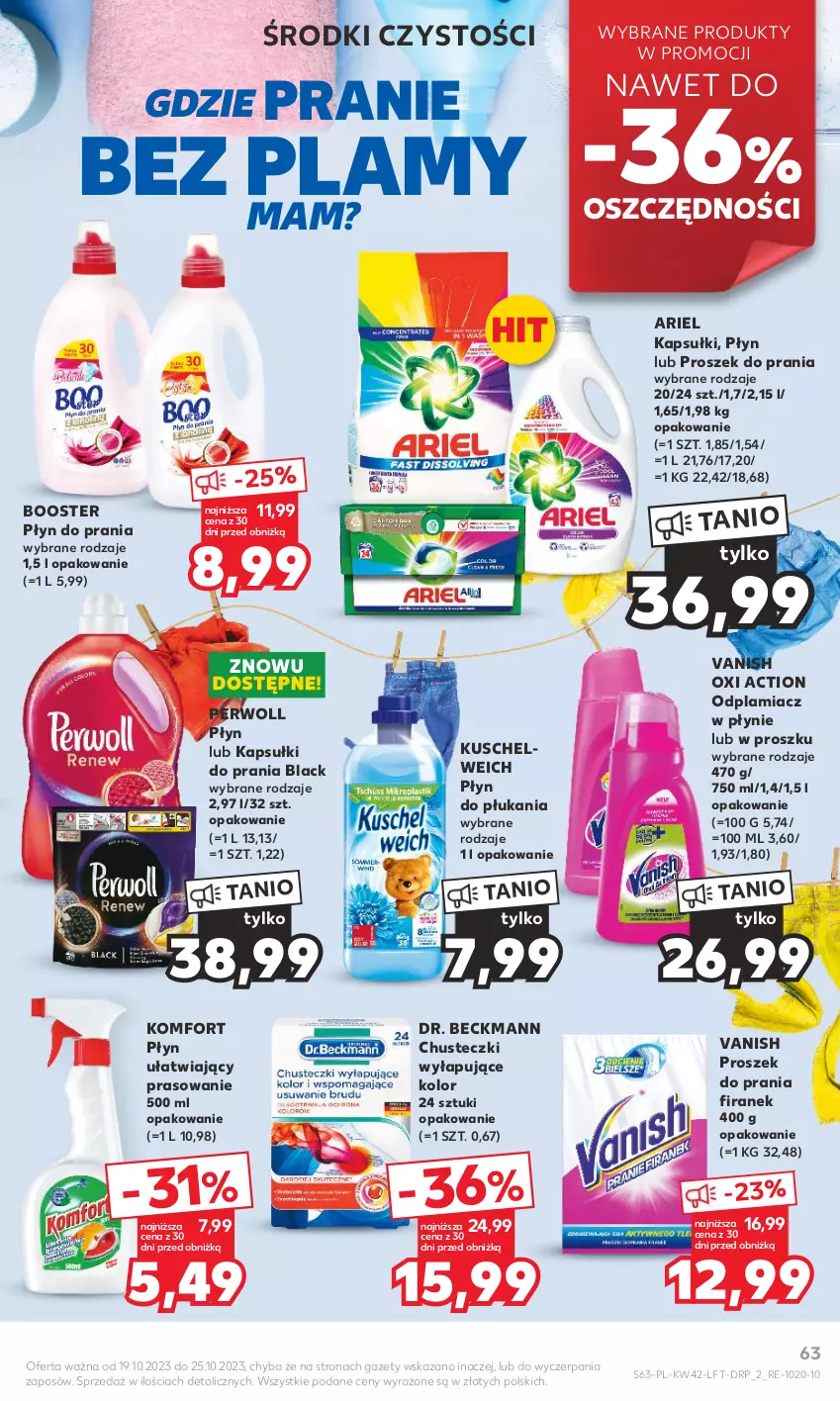 Gazetka promocyjna Kaufland - Gazetka tygodnia - ważna 19.10 do 25.10.2023 - strona 63 - produkty: Ariel, Booster, Chusteczki, Kapsułki do prania, Lack, Odplamiacz, Perwoll, Płyn do płukania, Płyn do prania, Proszek do prania, Vanish