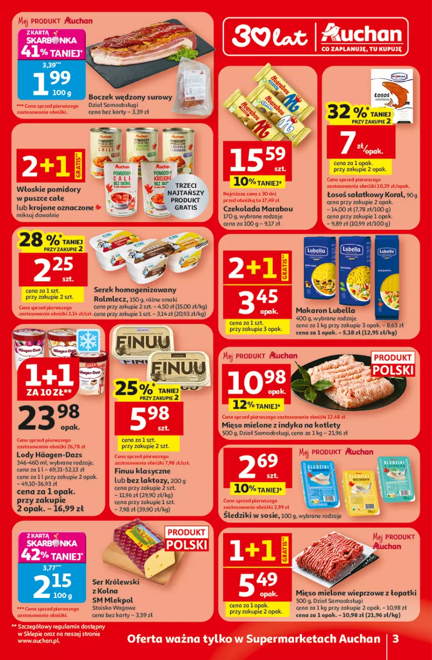 Gazetka promocyjna Auchan - Gazetka 30 Lat Supermarket Auchan Franczyza - ważna 29.01 do 04.02.2026 - strona 3 - produkty: Bell, Bella, Boczek, Czekolada, Finuu, Gra, HP, Kotlet, Królewski, Lody, Lubella, Makaron, Mięso, Mięso mielone, Pomidory, Rolmlecz, Sałat, Ser, Serek, Serek homogenizowany